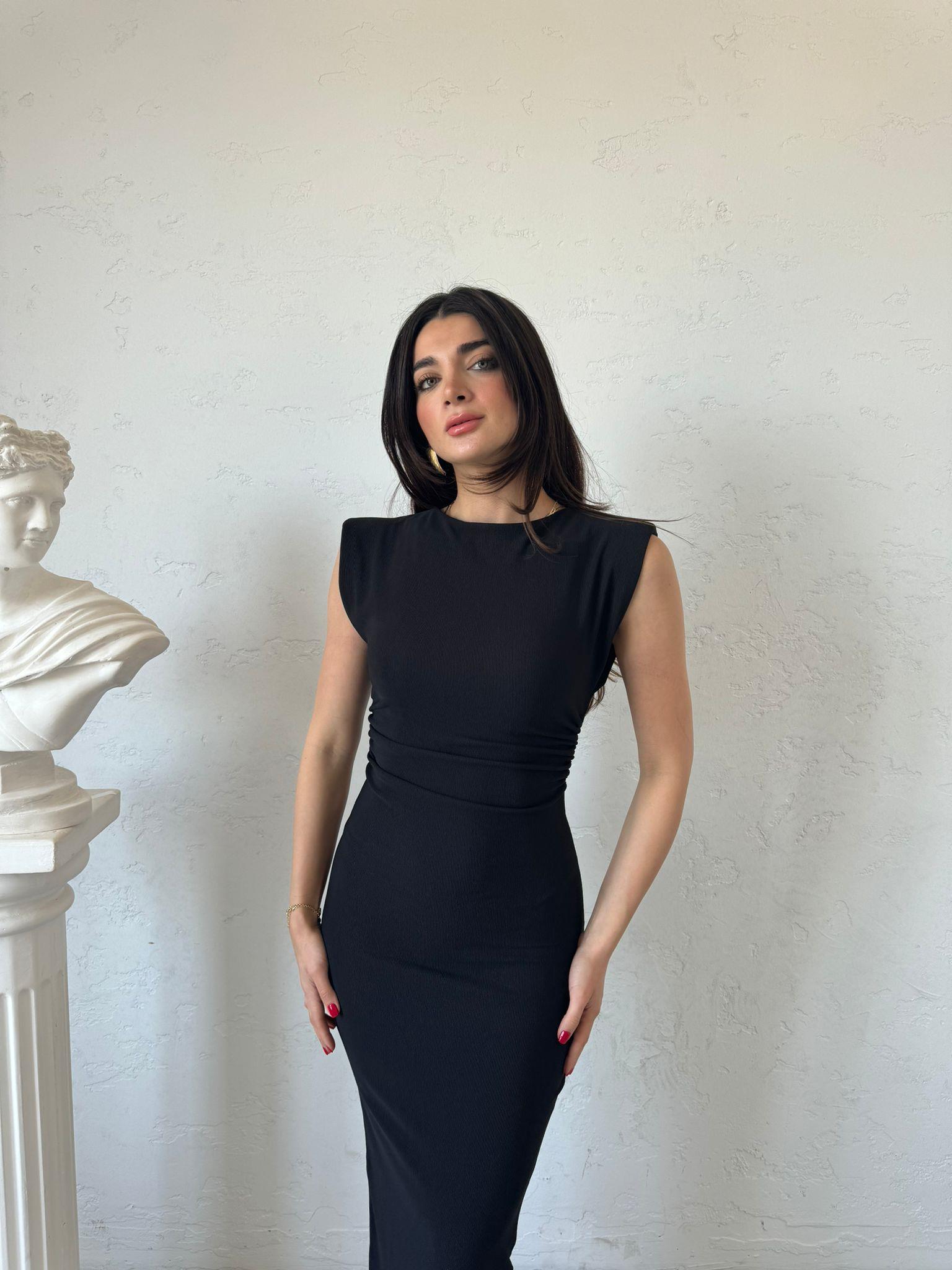 Siyah Ottoman Kumaş Drapeli Elbise