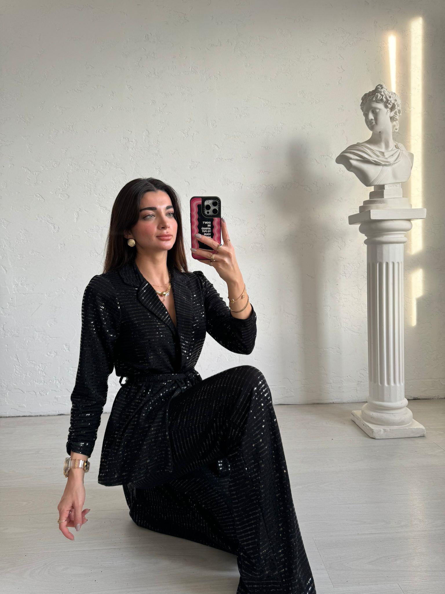 Siyah Parlak Pullu Ceket Pantolon Takım
