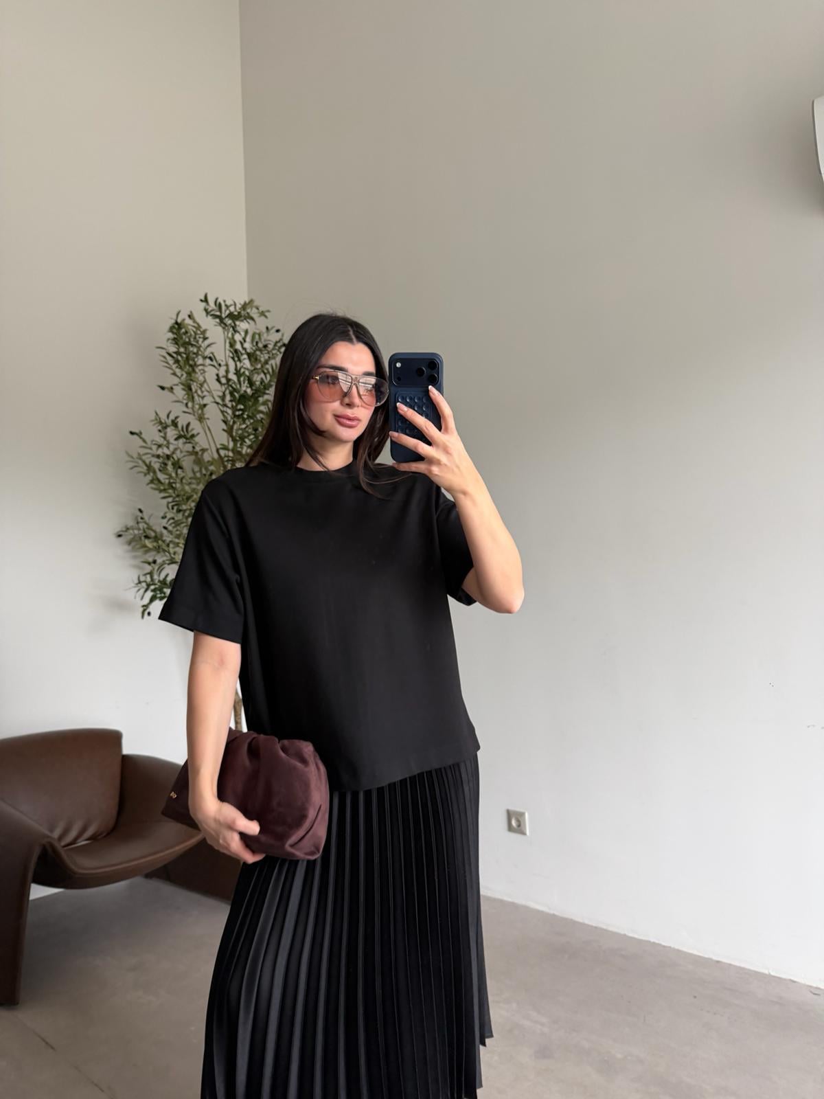 Siyah Pileli Tişört Elbise Takım