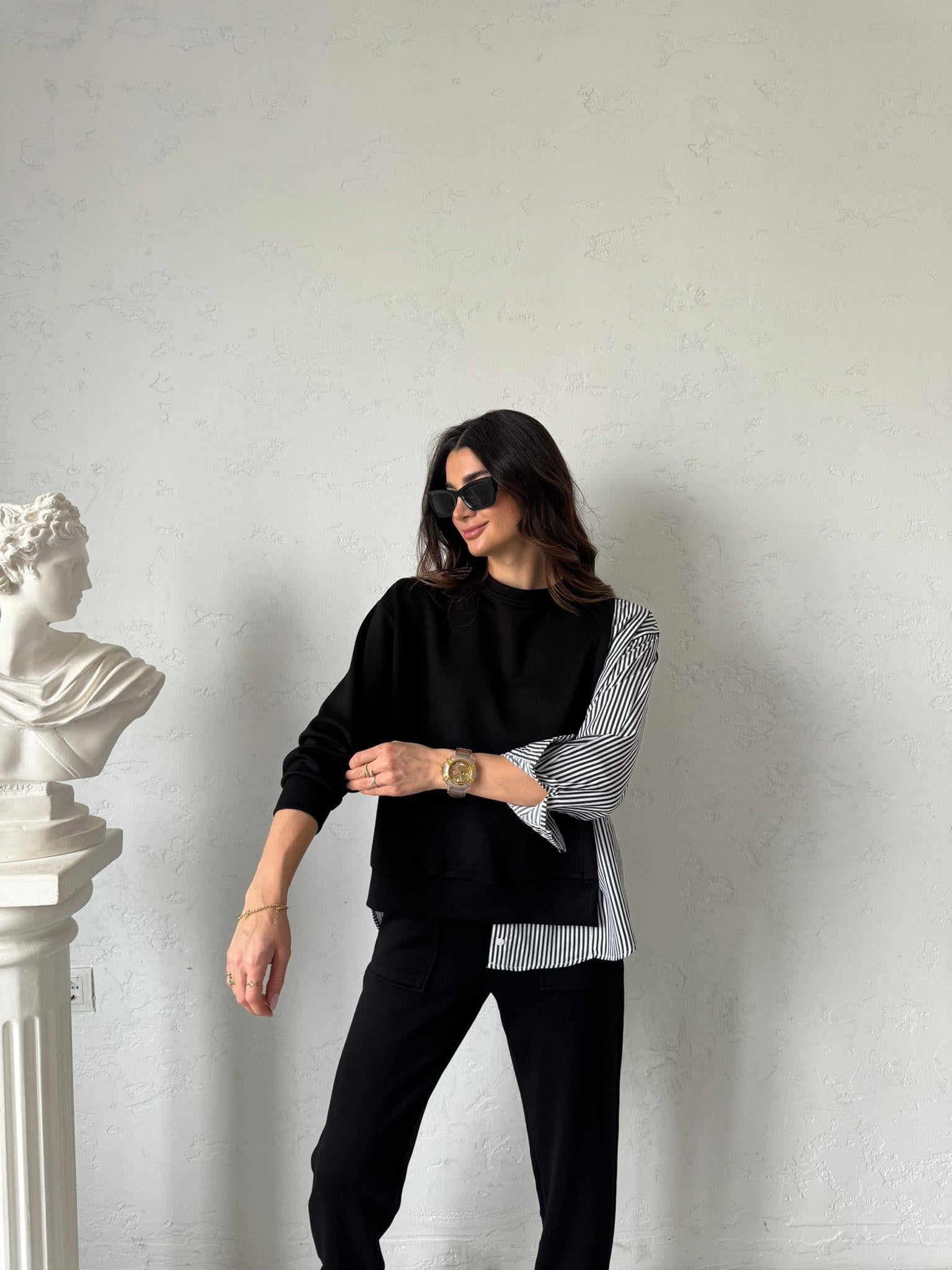 Siyah Poplin Detaylı Sweat Takım