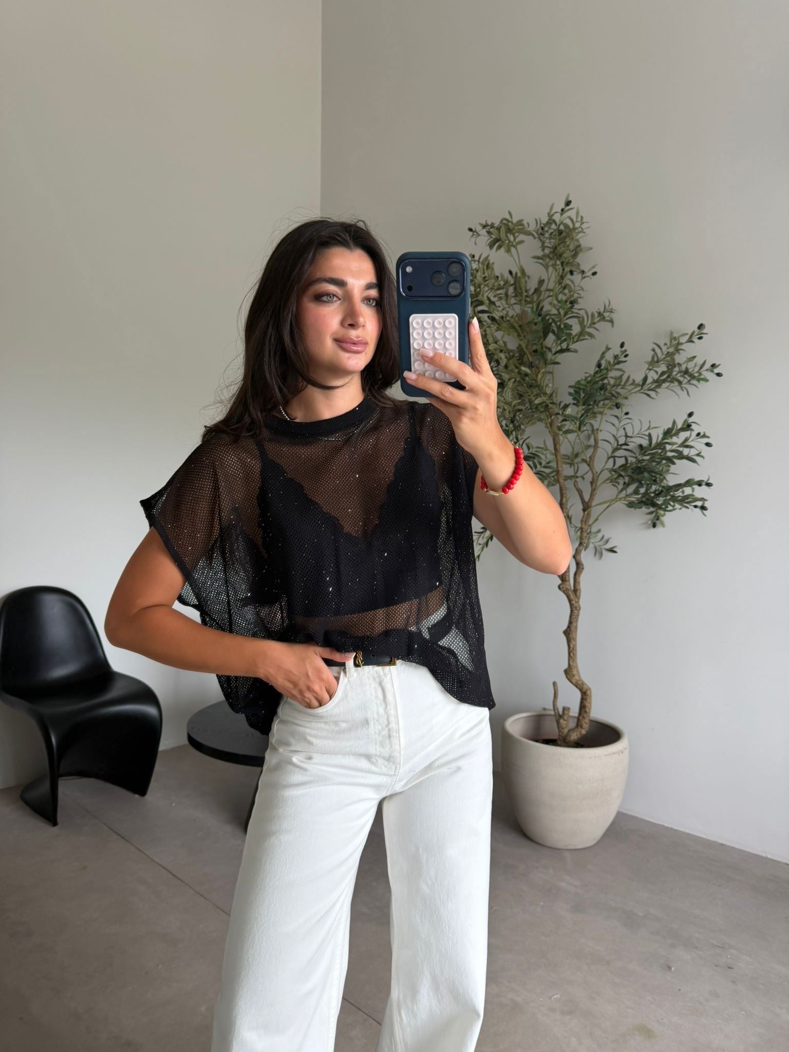 Siyah Pulu Ajurlu Astarlı Bluz
