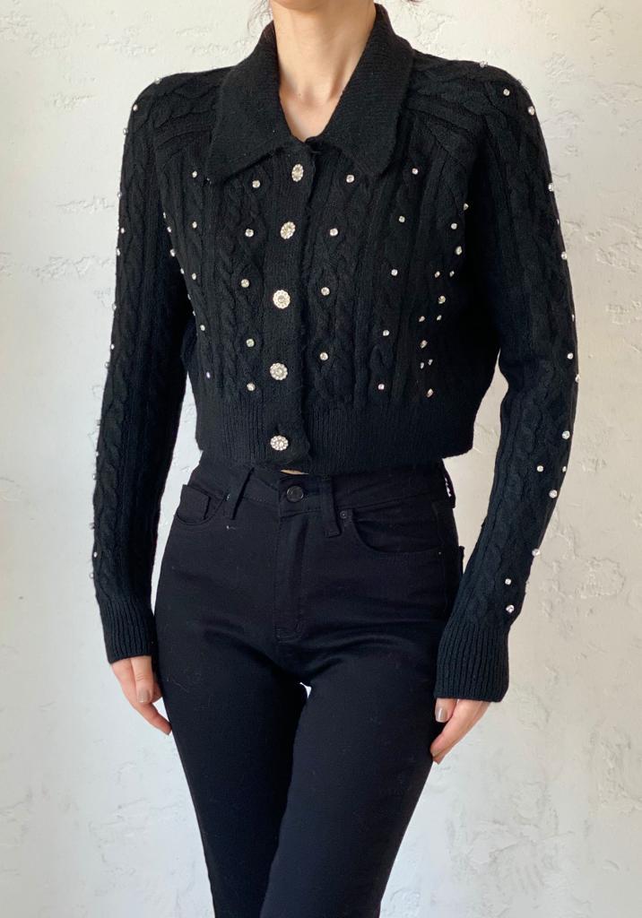 Siyah Taş Detaylı Crop Hırka