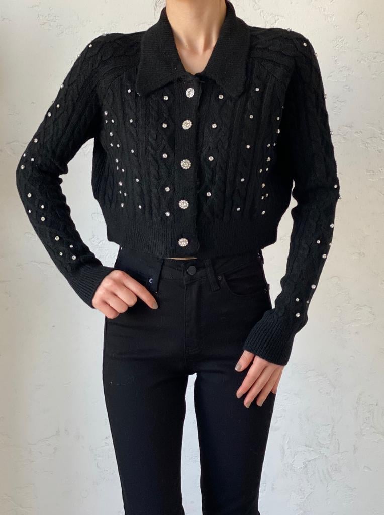 Siyah Taş Detaylı Crop Hırka