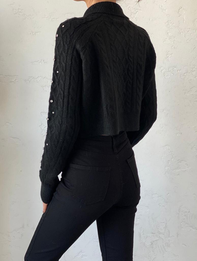 Siyah Taş Detaylı Crop Hırka