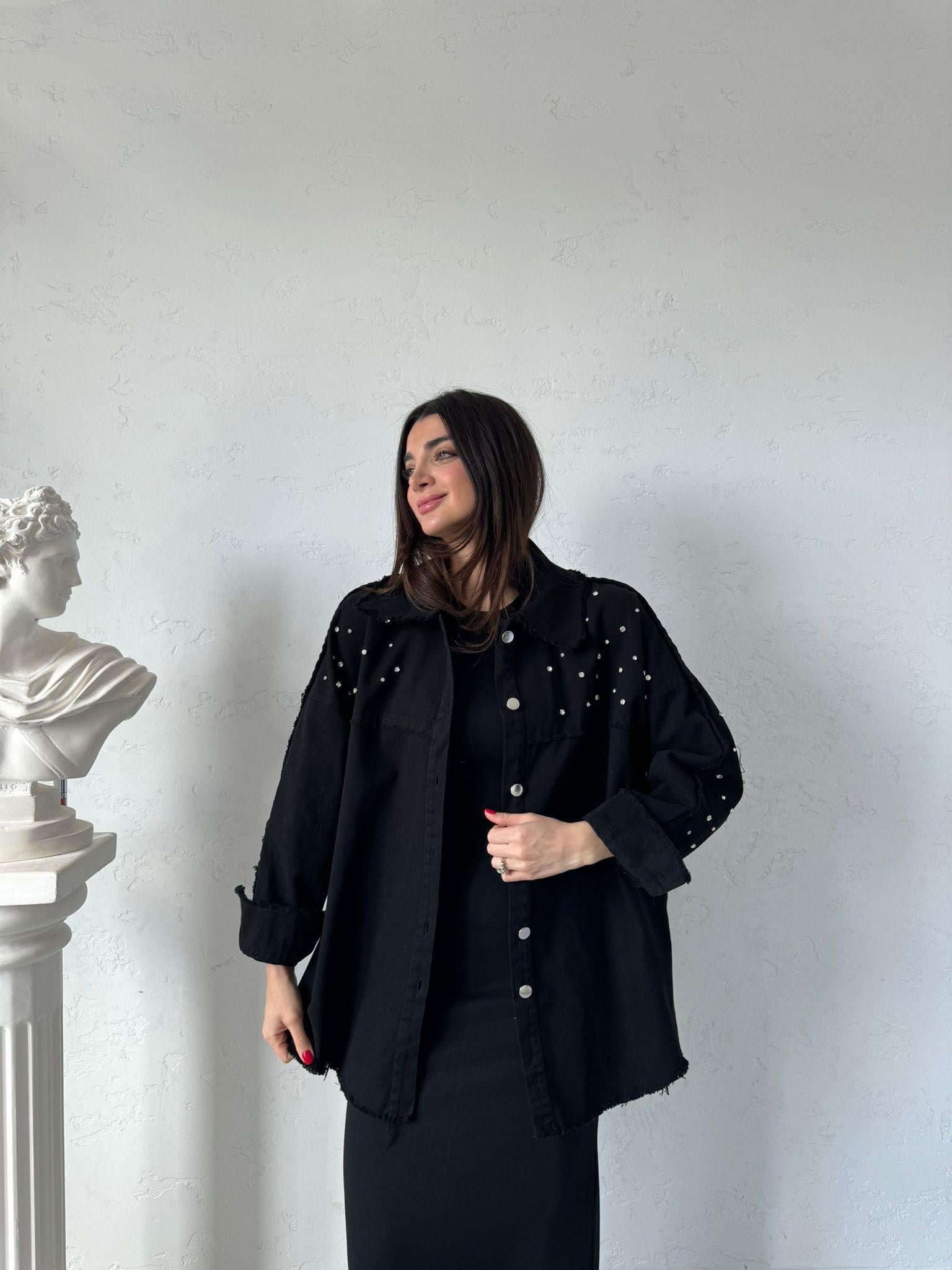 Siyah Taşlı Oversize Gömlek Ceket