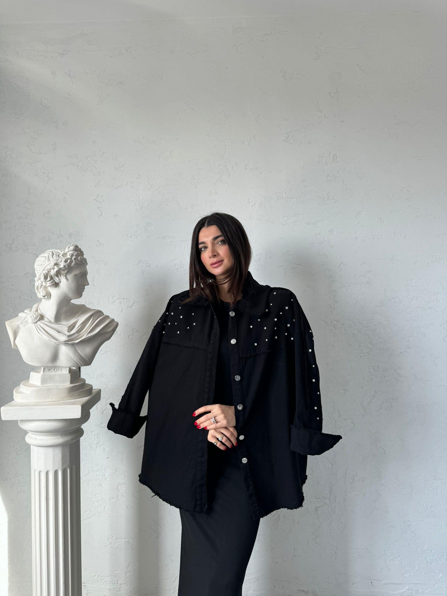 Siyah Taşlı Oversize Gömlek Ceket
