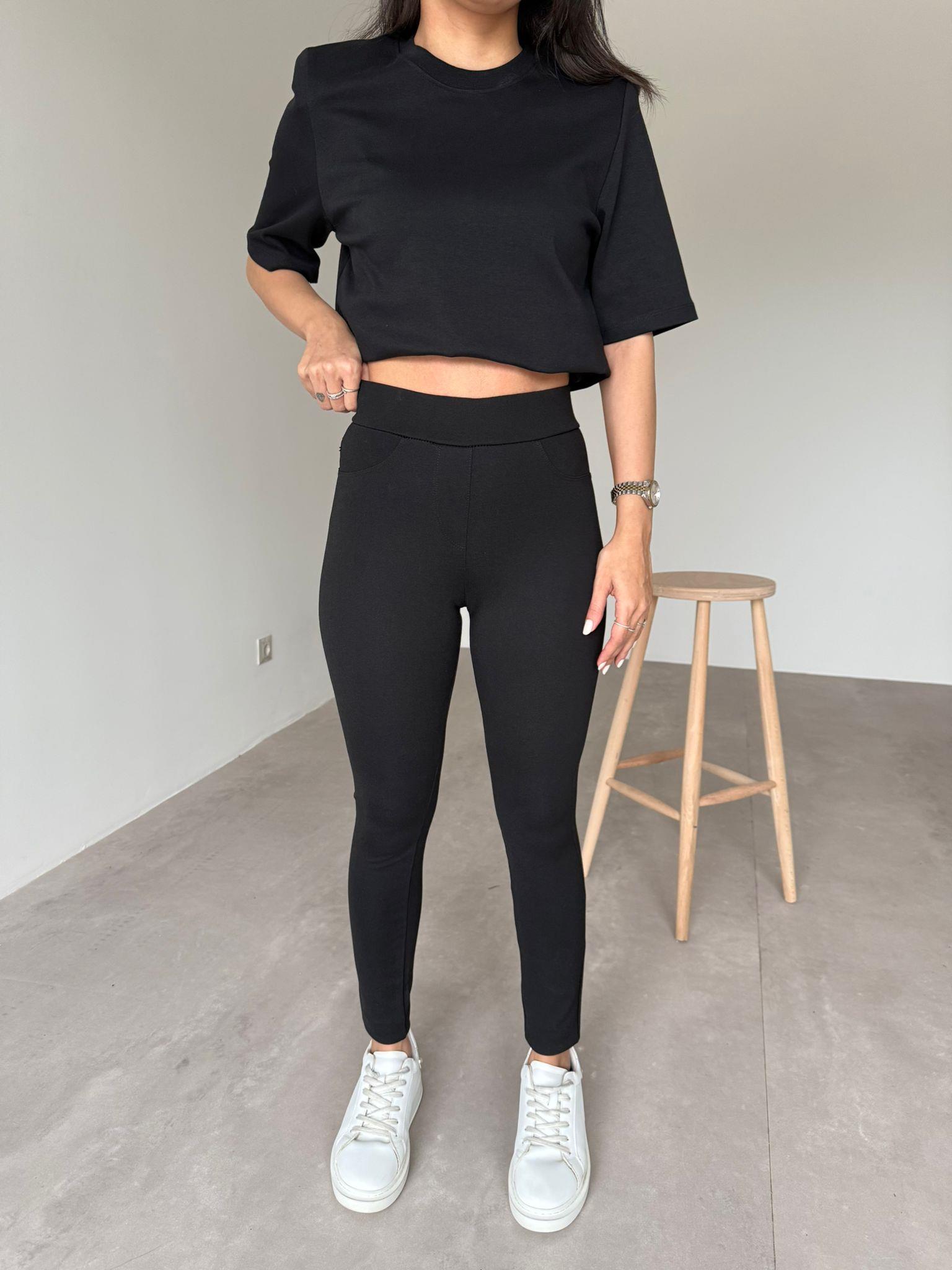 Siyah Toparlayıcı Cep Detaylı Pantolon Tayt