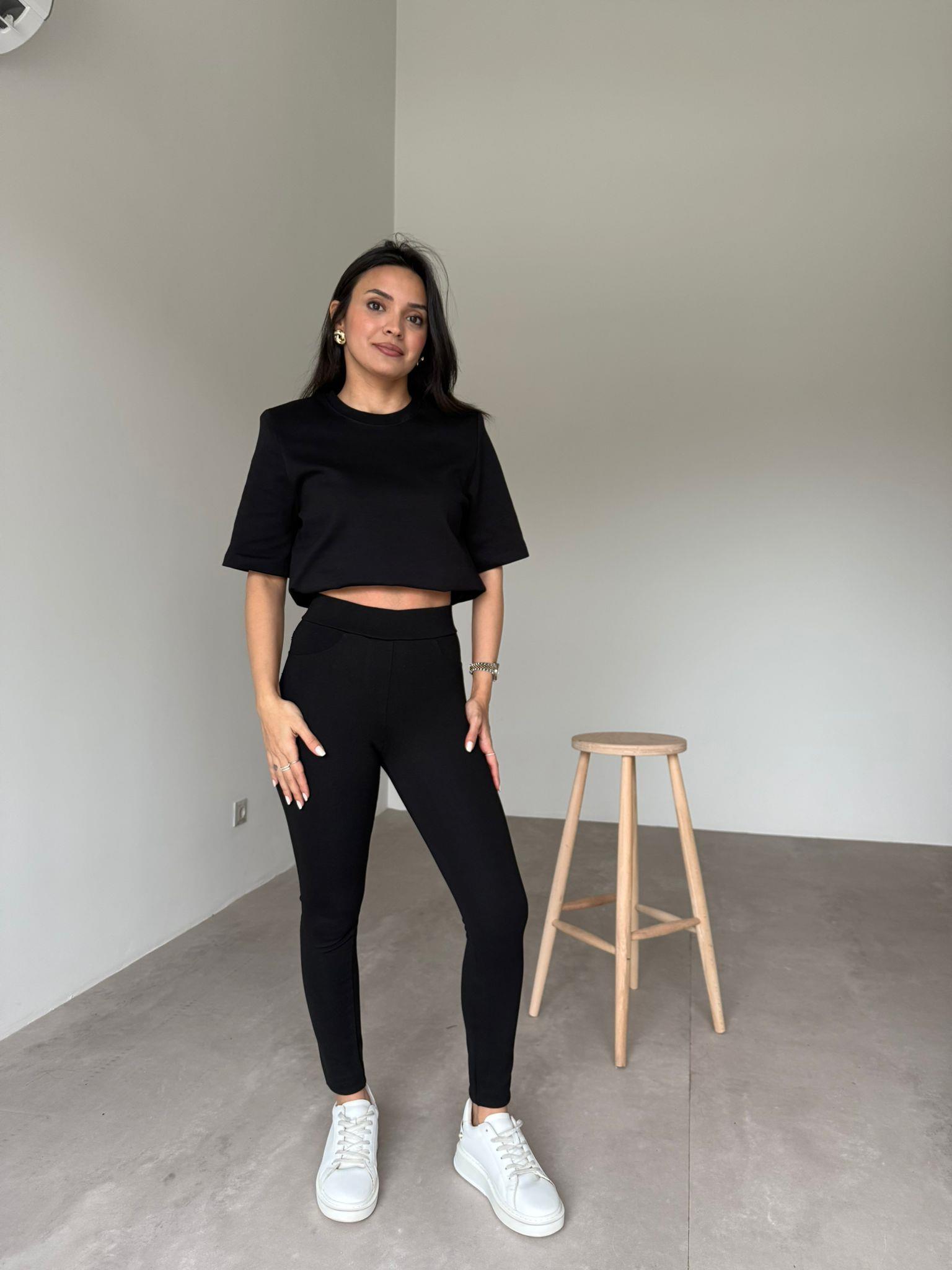 Siyah Toparlayıcı Cep Detaylı Pantolon Tayt