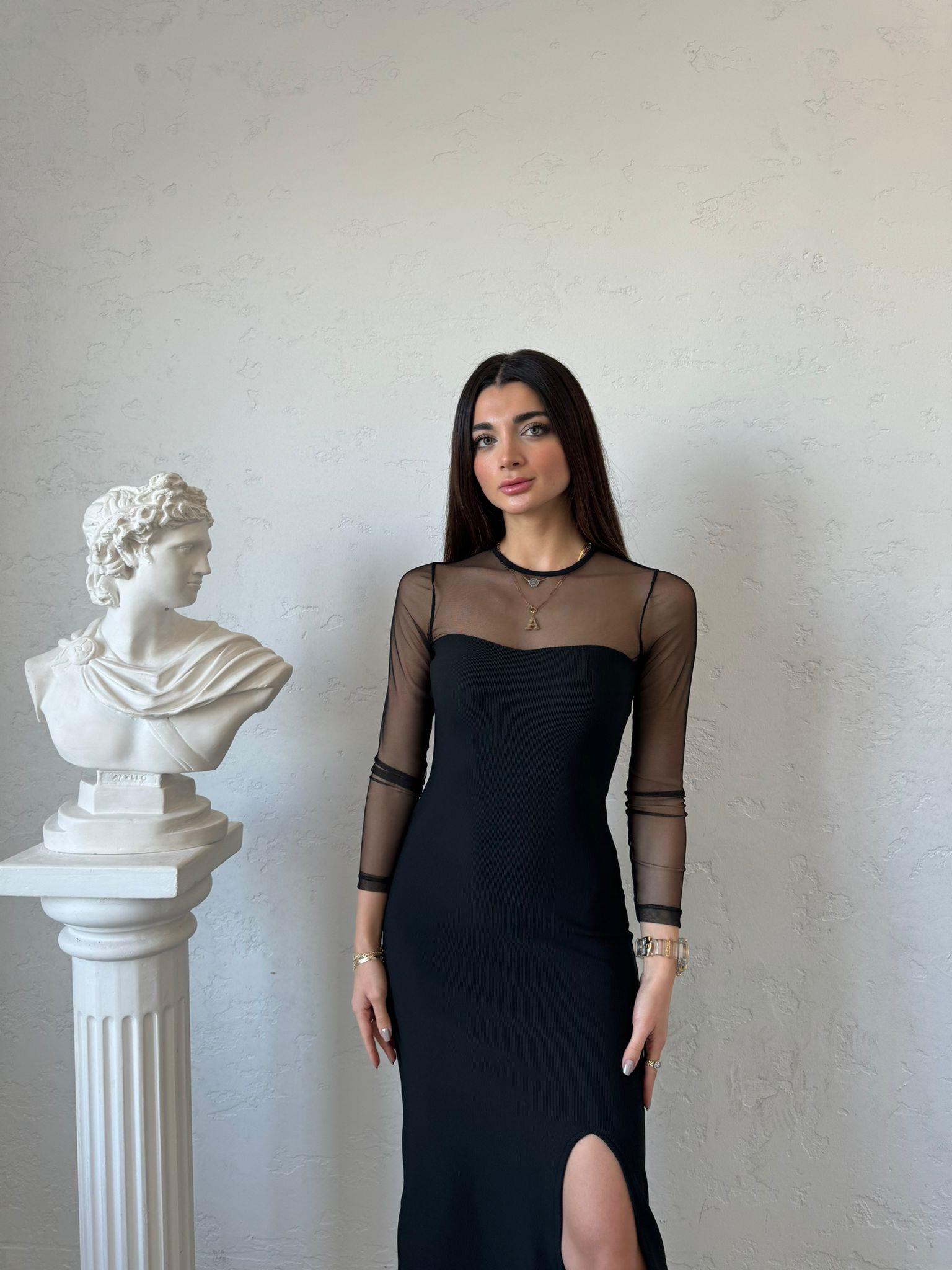 Siyah Tül Detaylı Elbise