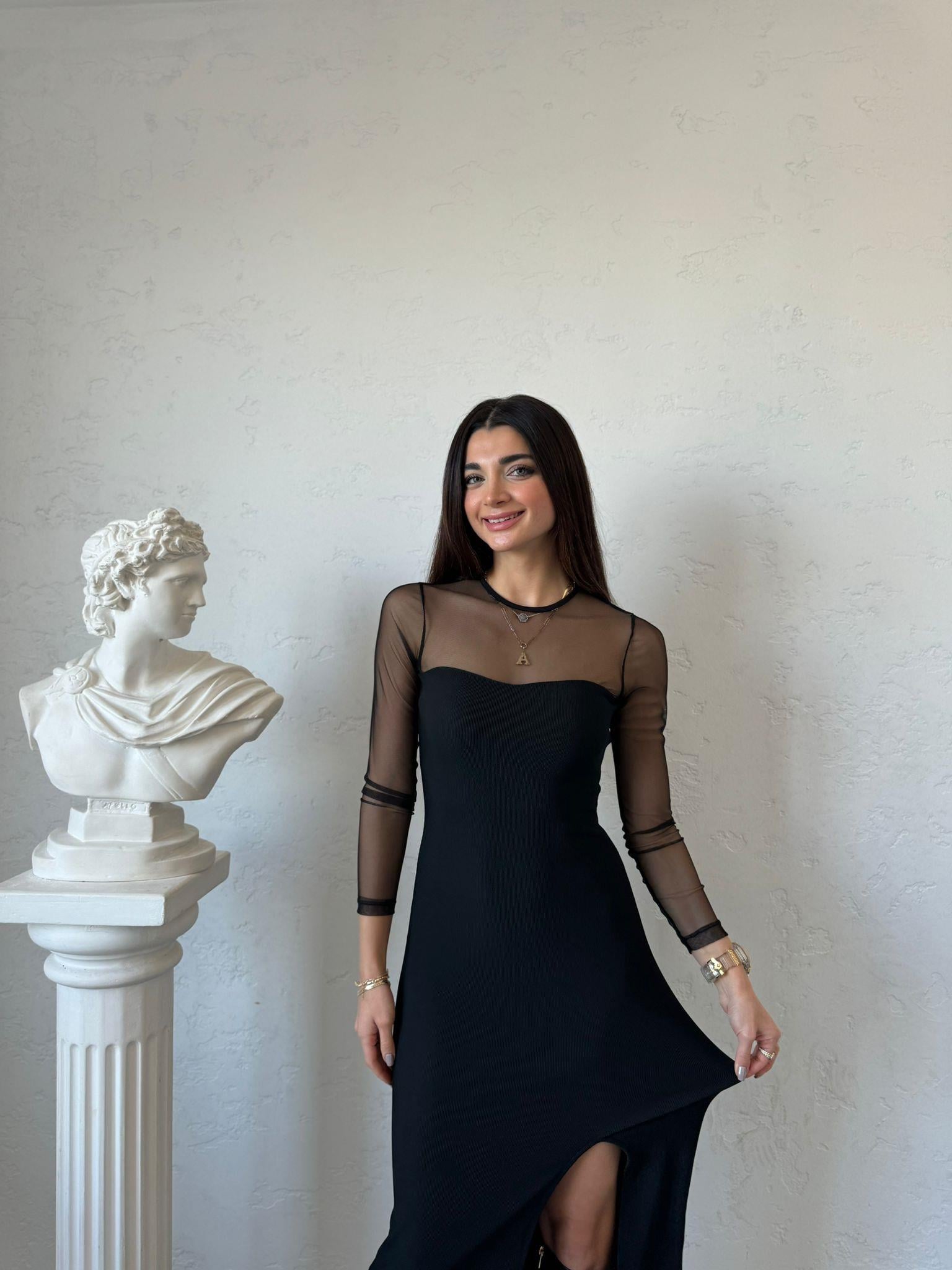 Siyah Tül Detaylı Elbise