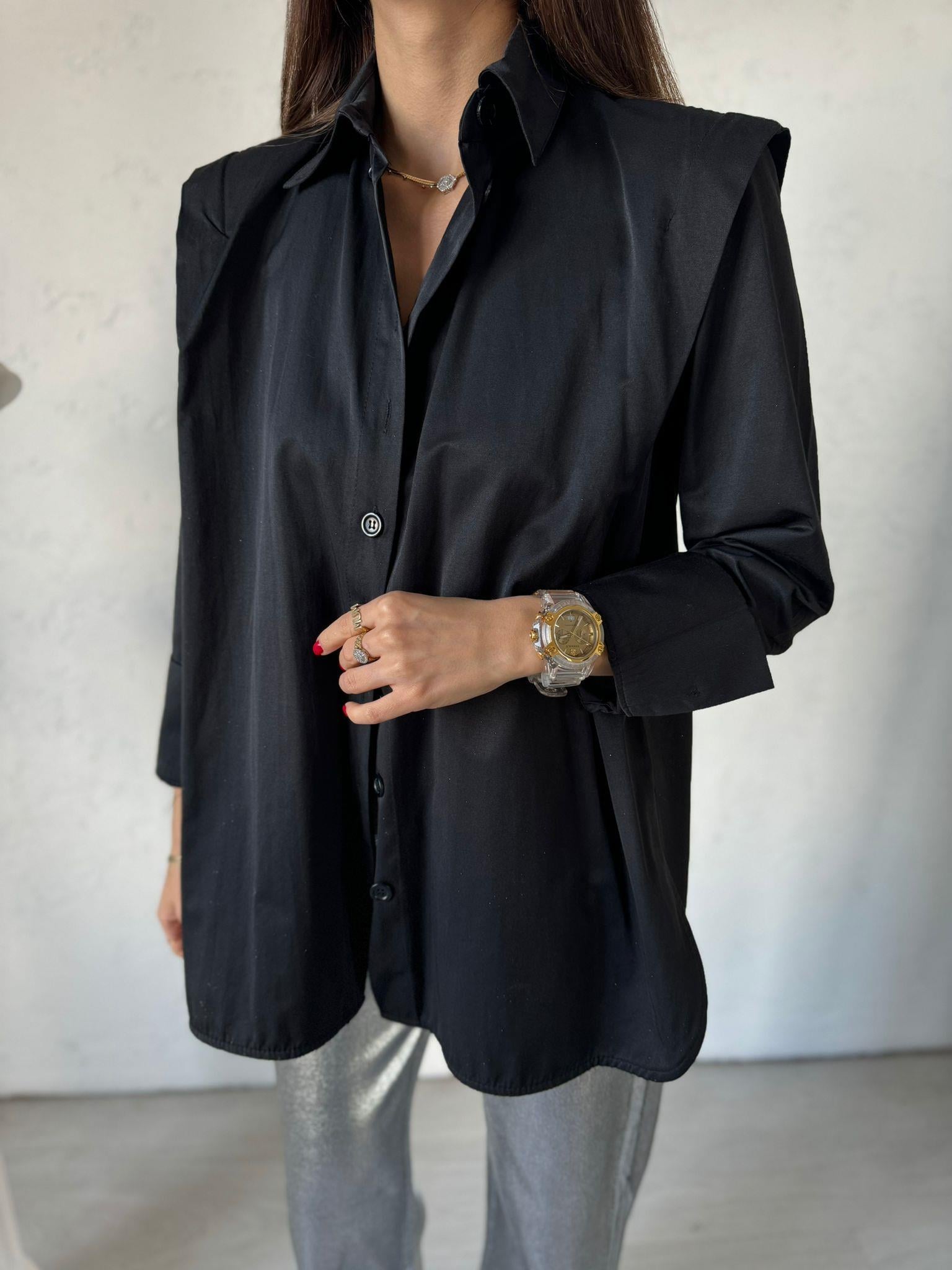 Siyah Vatkalı Fashion Gömlek