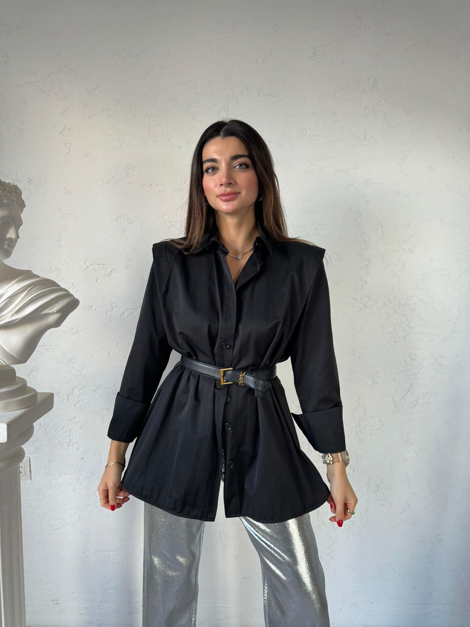 Siyah Vatkalı Fashion Gömlek