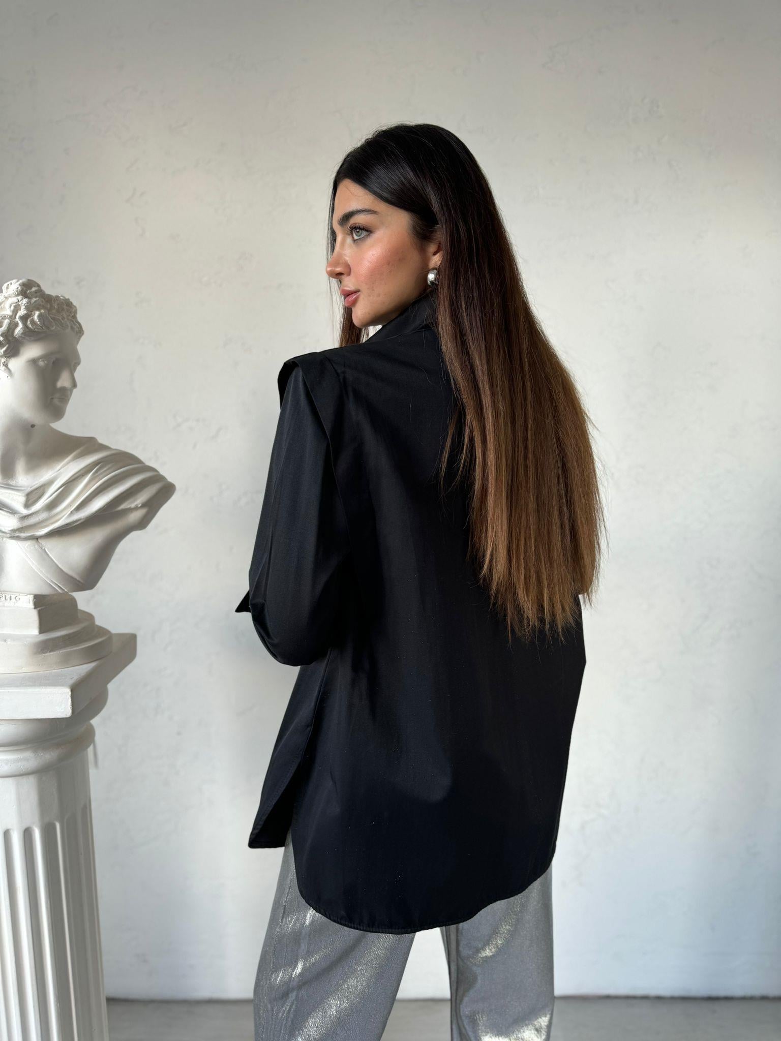 Siyah Vatkalı Fashion Gömlek