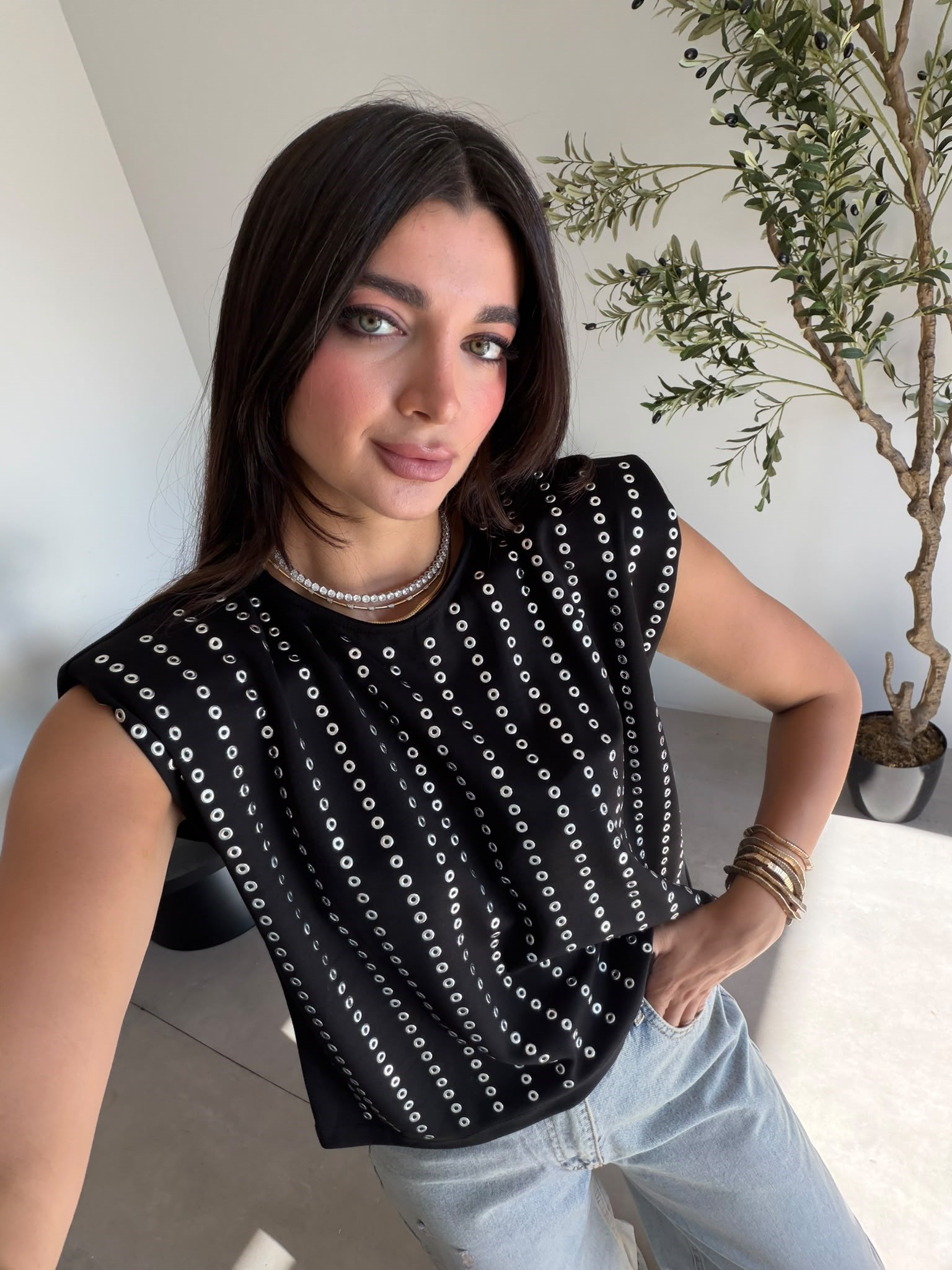 Siyah Vatkalı Kuş Gözü Bluz