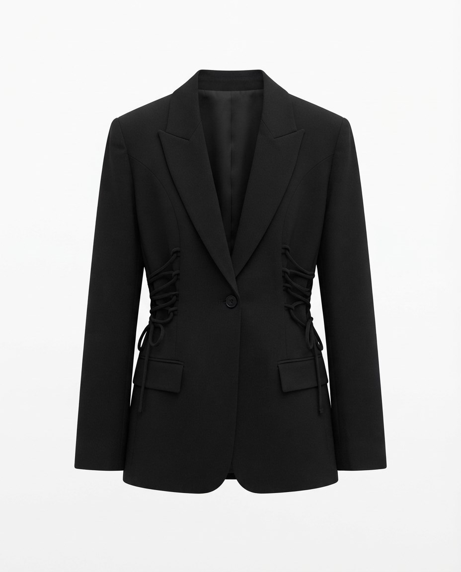 Siyah Yandan Bağlamalı Blazer Ceket 