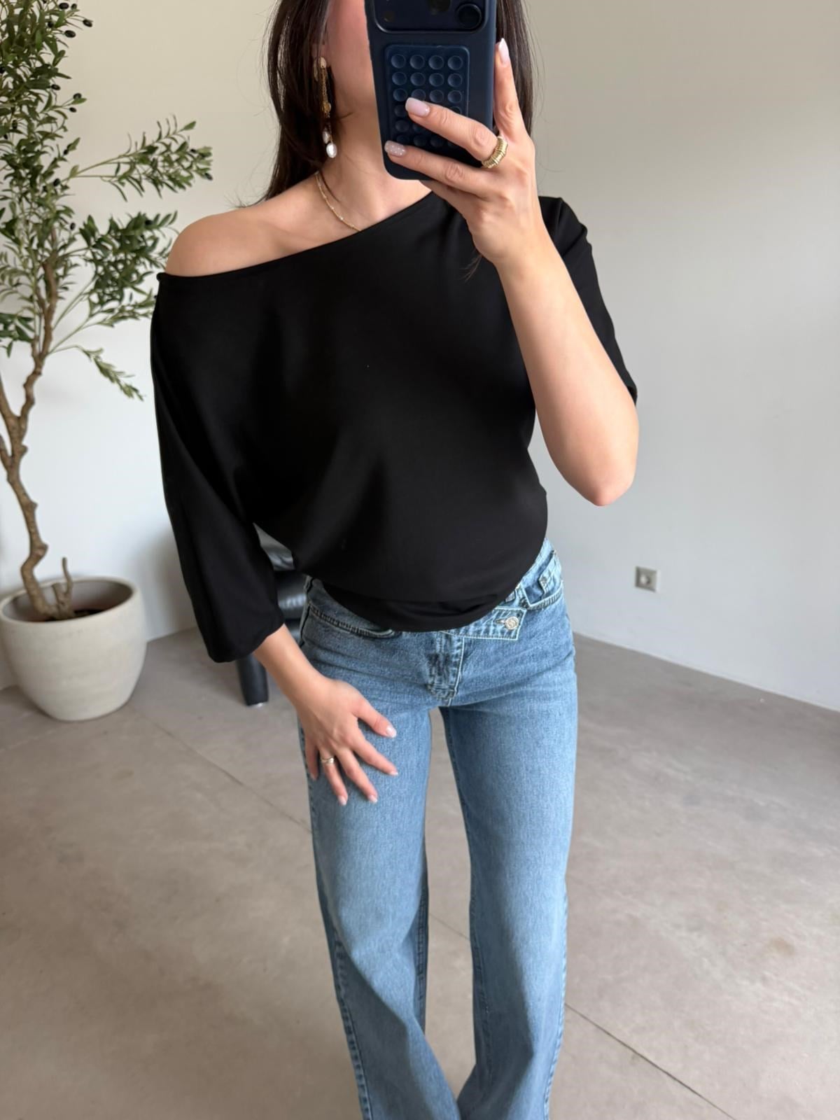 Siyah Yarasa Kol Basic Bluz