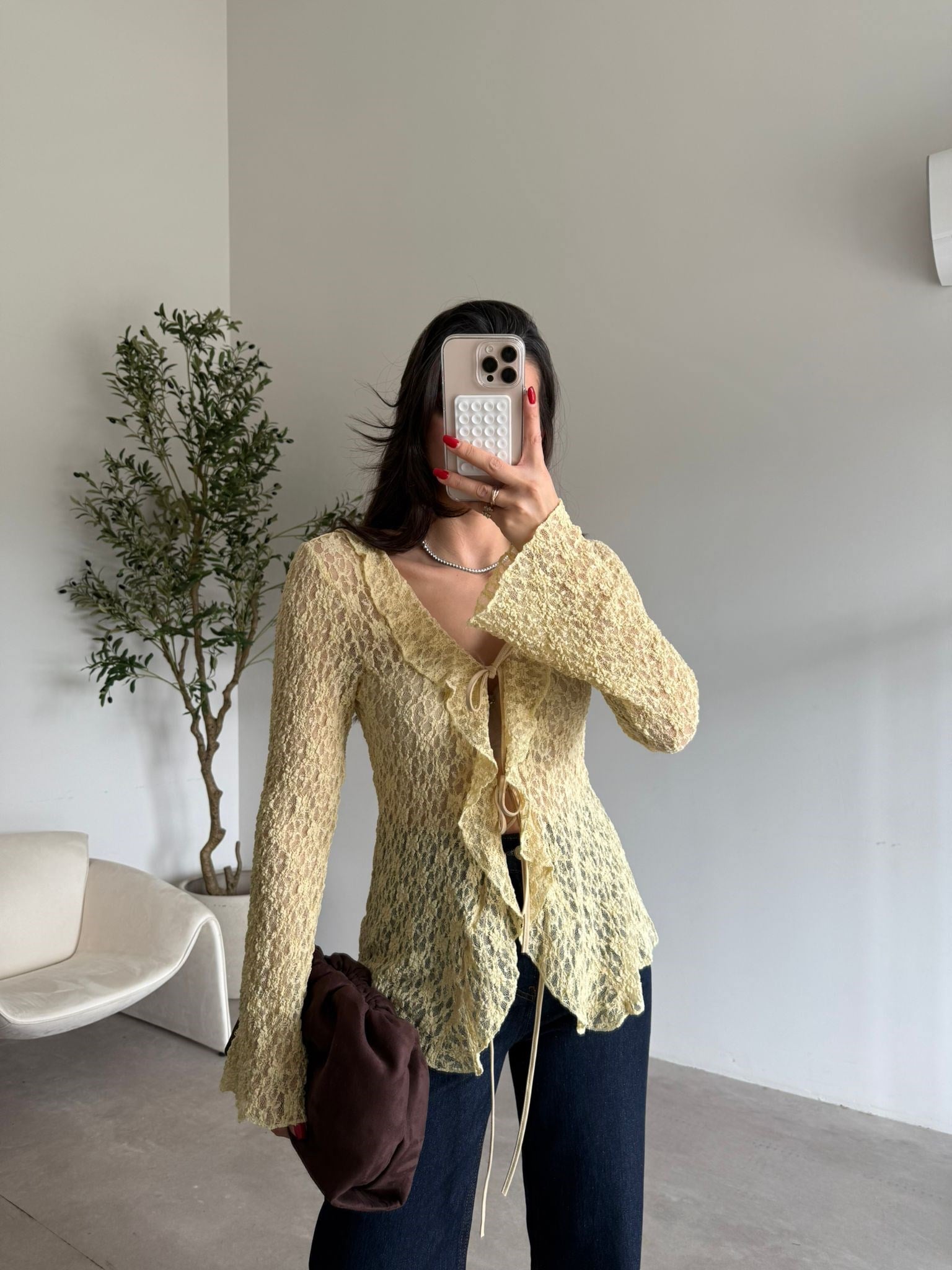 Soft Sarı Fırfırlı İspanyol Kol Dantel Bluz
