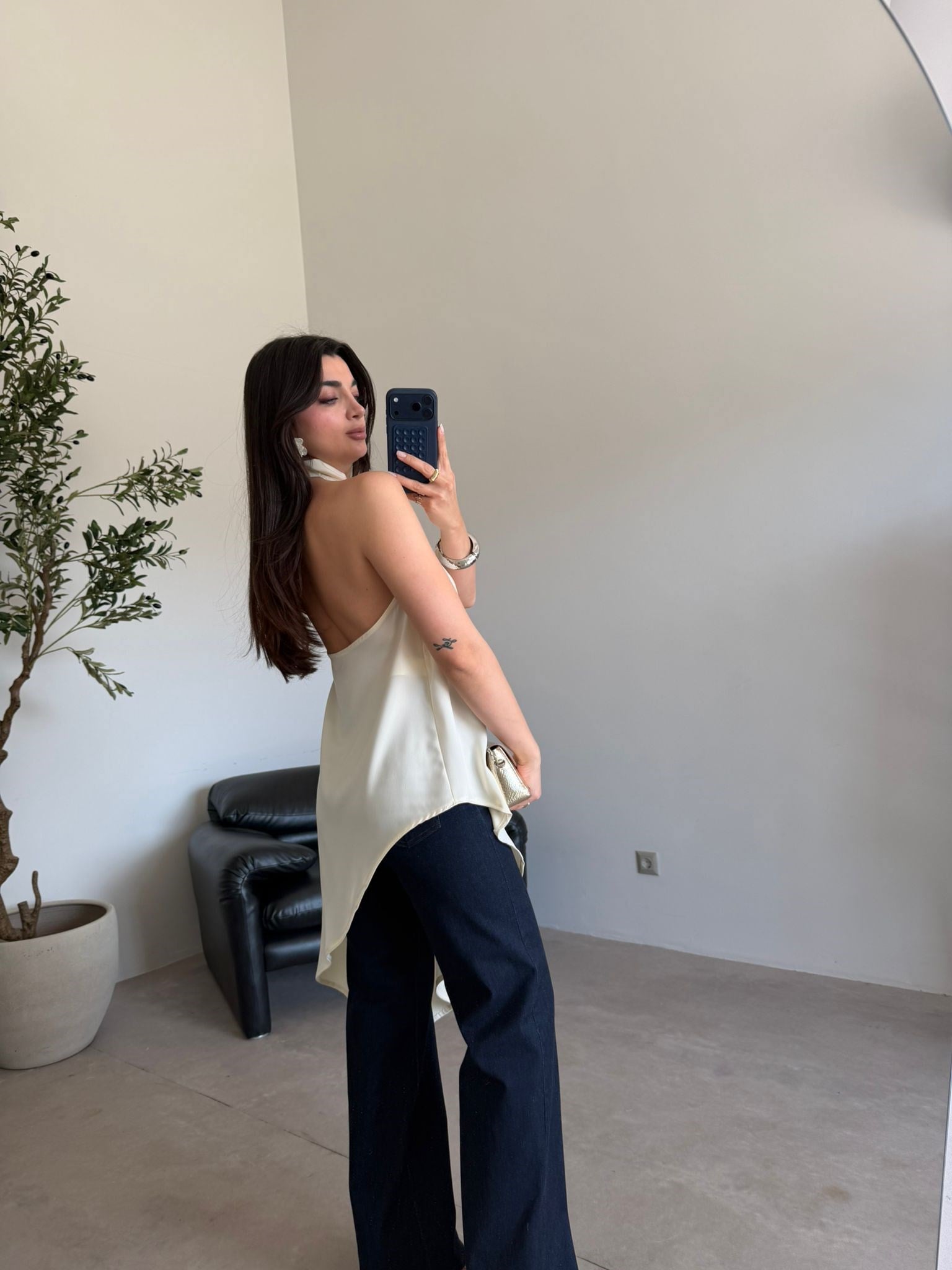 Soft Sarı Sırt Dekolteli Asimetrik Bluz