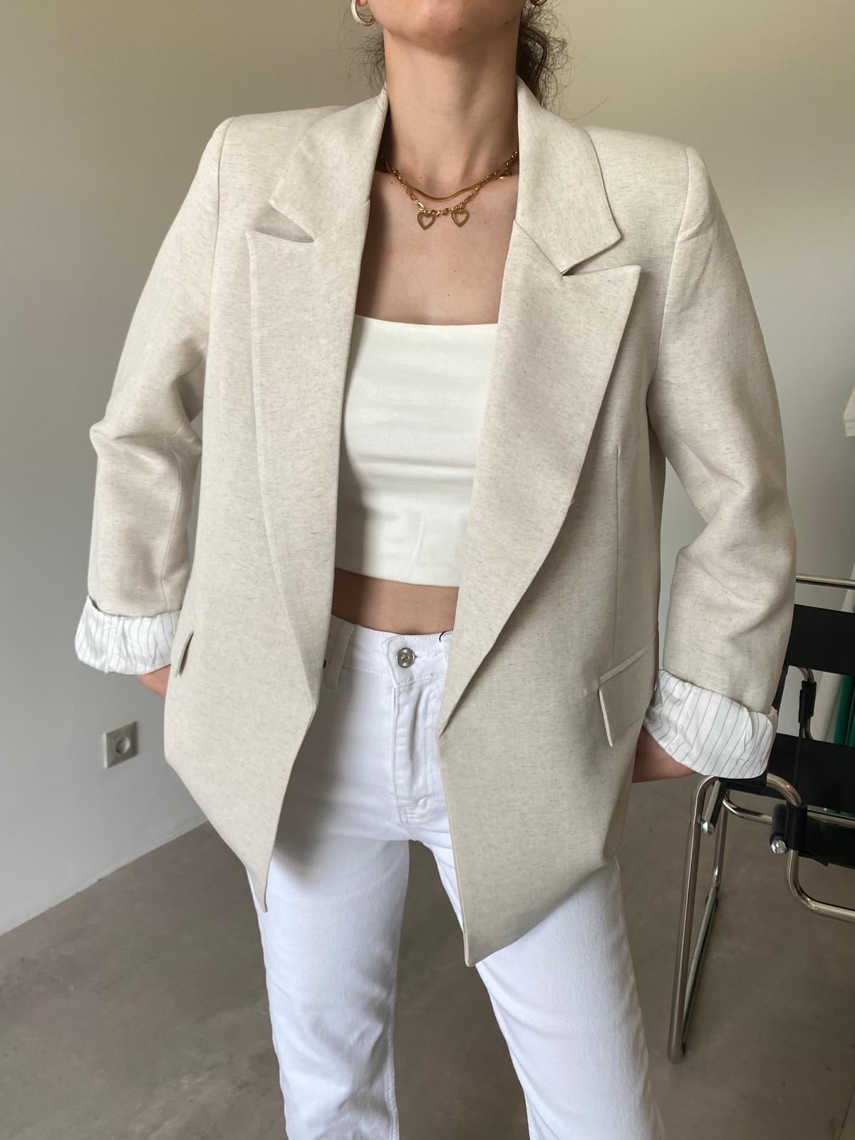 Taş Rengi Astarlı Keten Blazer Ceket