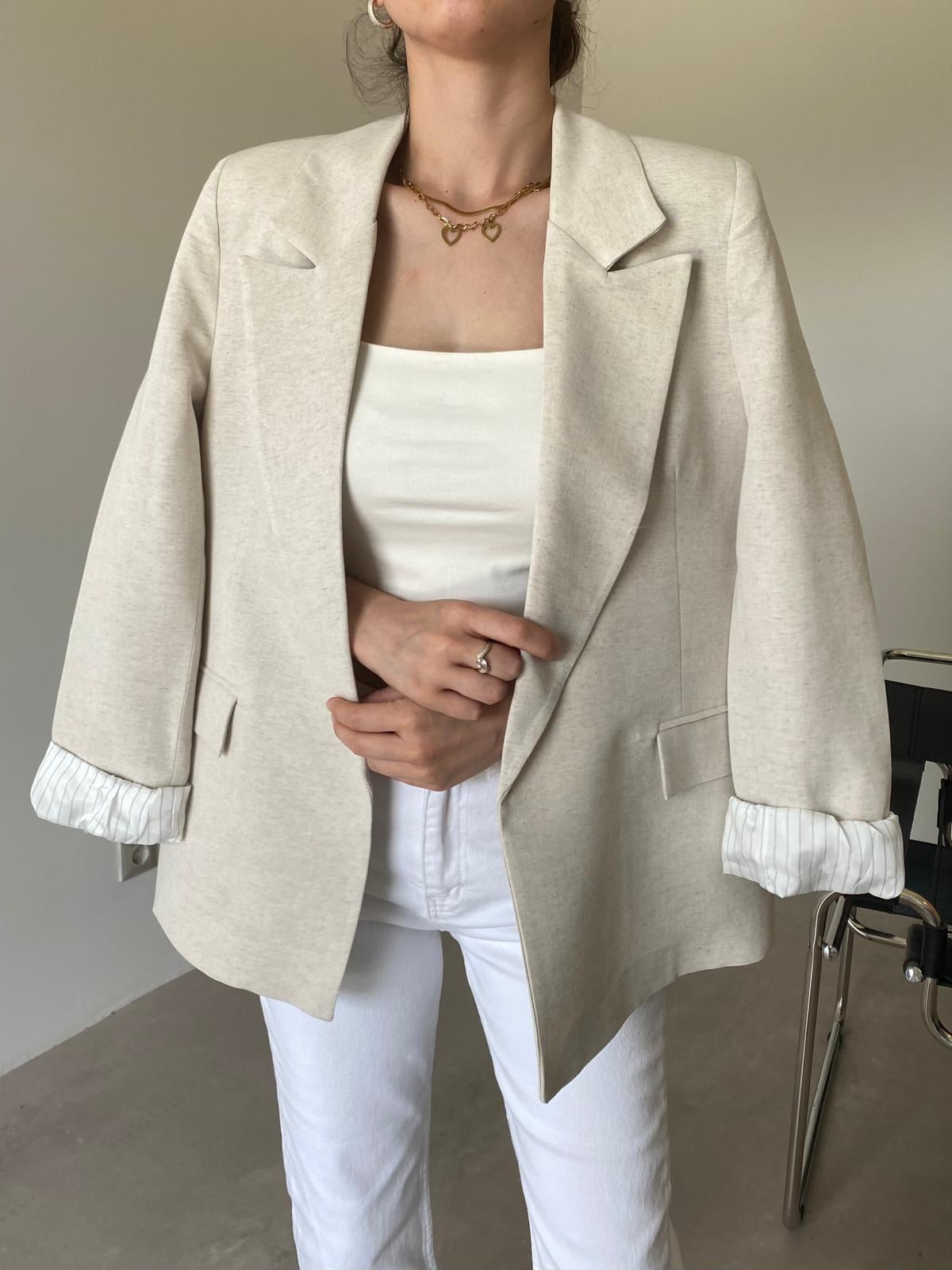 Taş Rengi Astarlı Keten Blazer Ceket