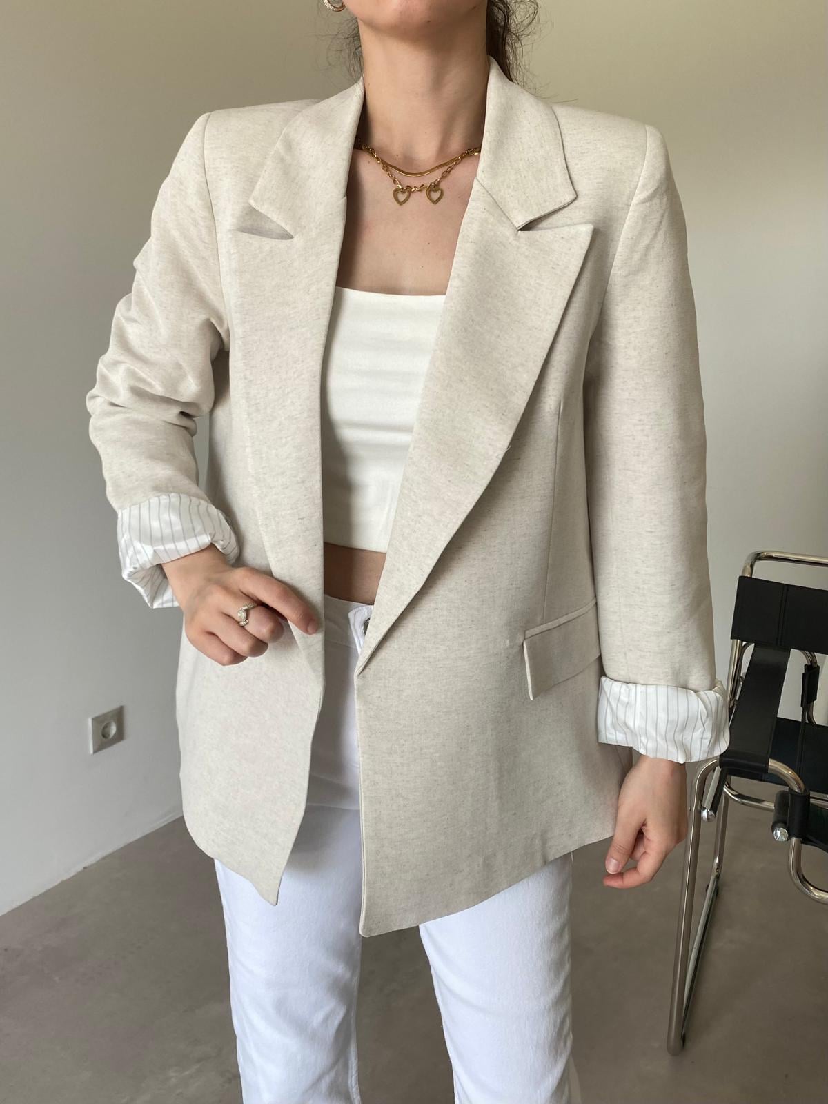 Taş Rengi Astarlı Keten Blazer Ceket
