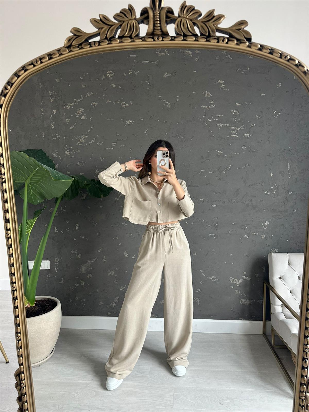 Taş Rengi Crop Keten Takım
