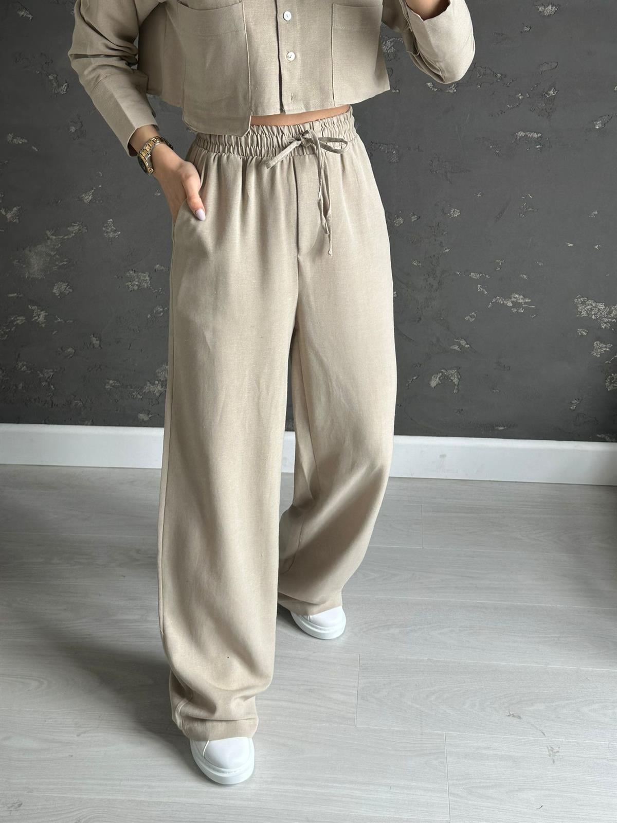 Taş Rengi Crop Keten Takım