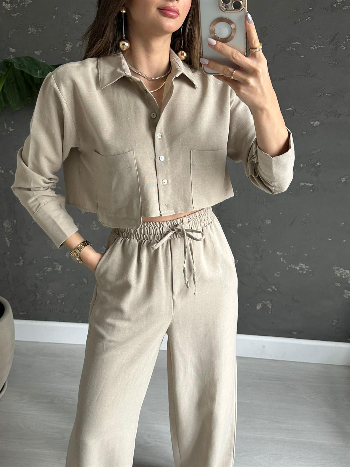Taş Rengi Crop Keten Takım