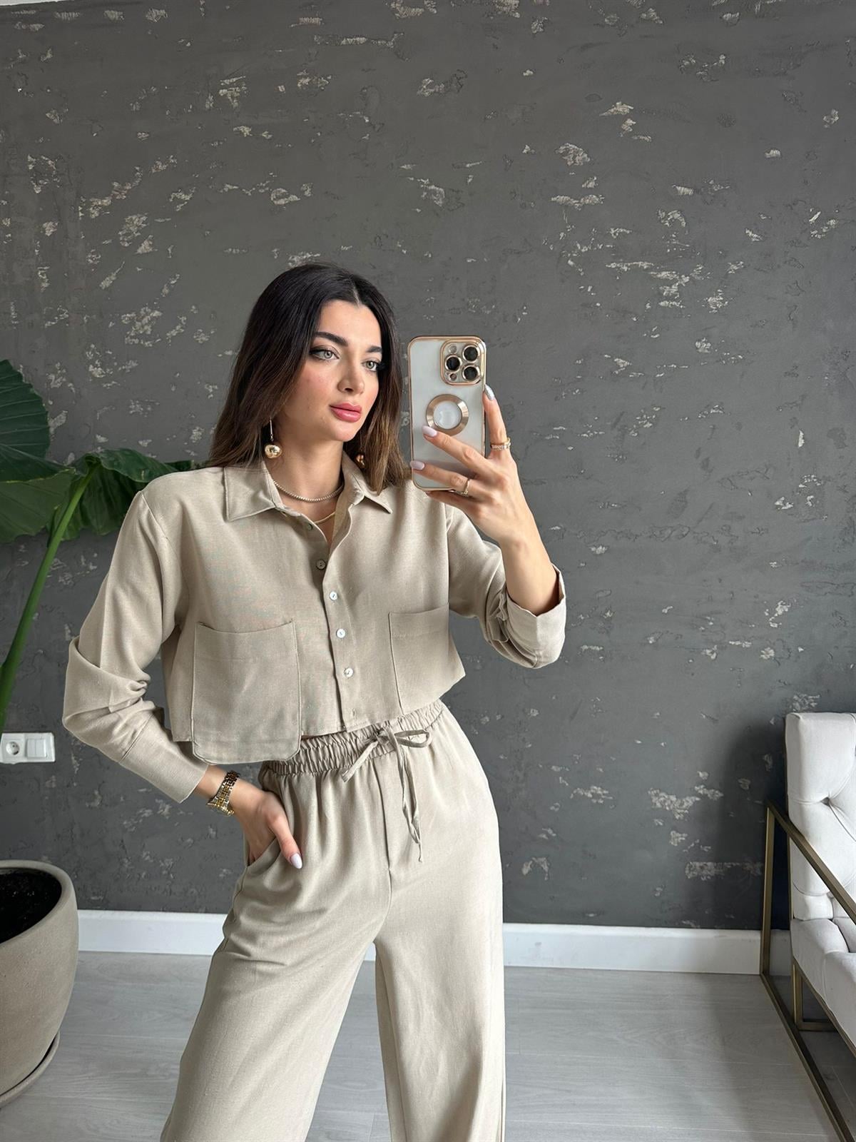 Taş Rengi Crop Keten Takım