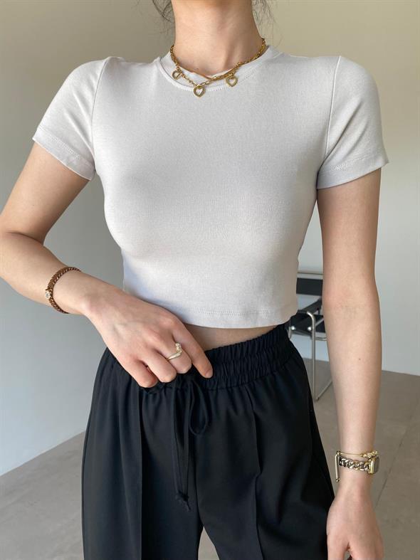Taş Rengi Likralı Esnek Leo Crop Tişört