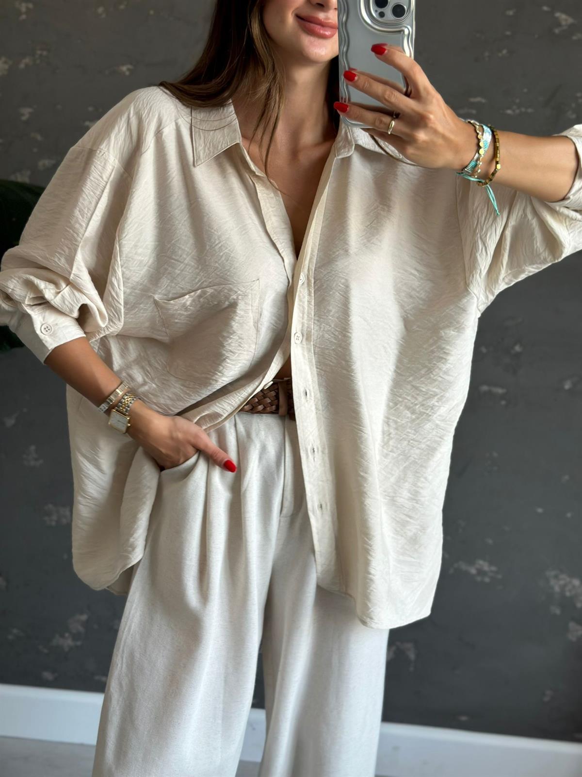 Taş Rengi Oversize ELsa Gömlek
