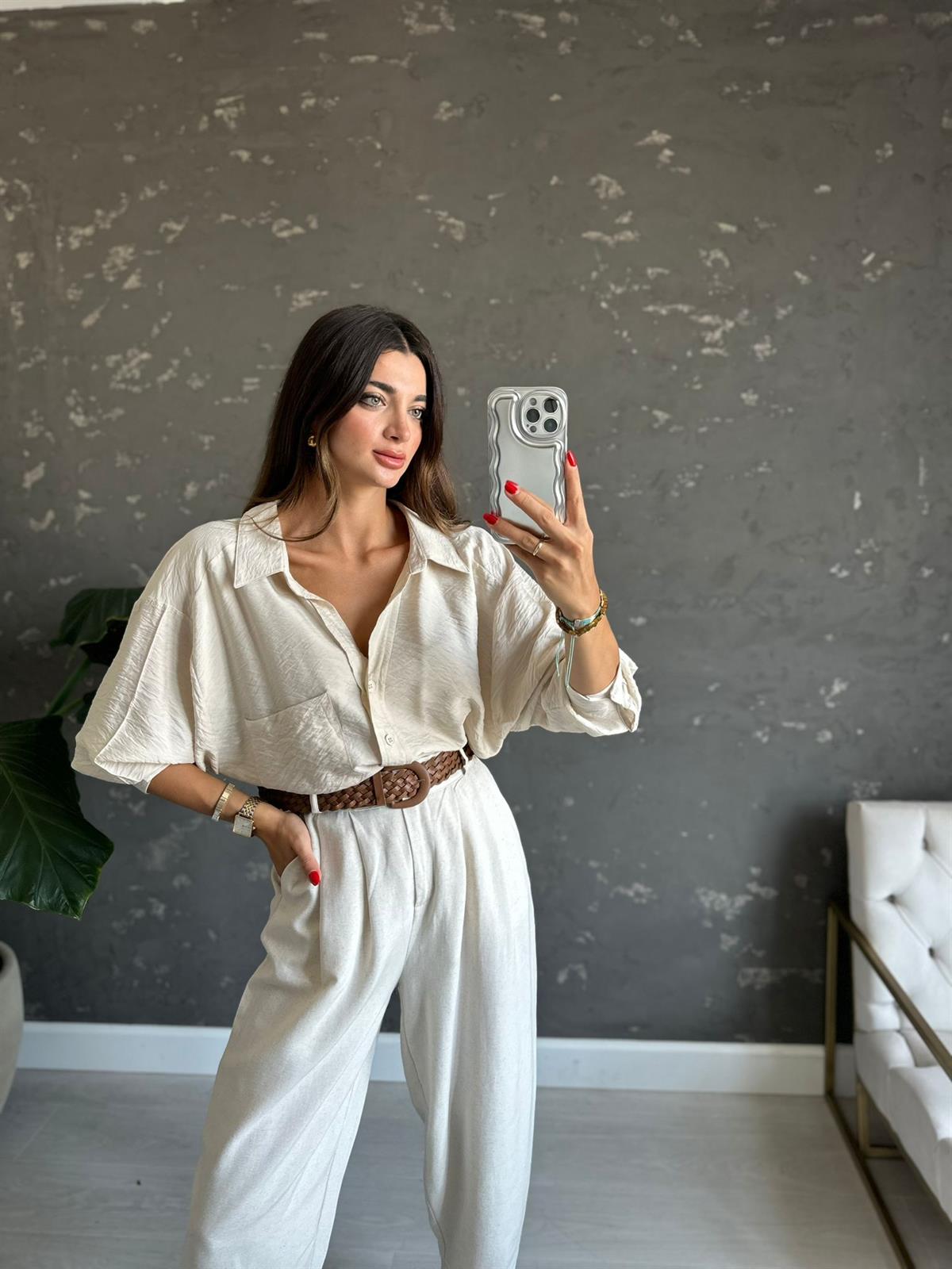 Taş Rengi Oversize ELsa Gömlek