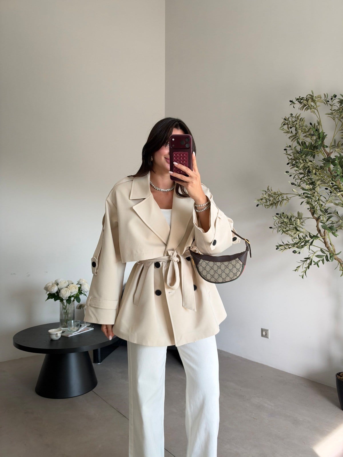Taş Rengi Oversize Kısa Trenç