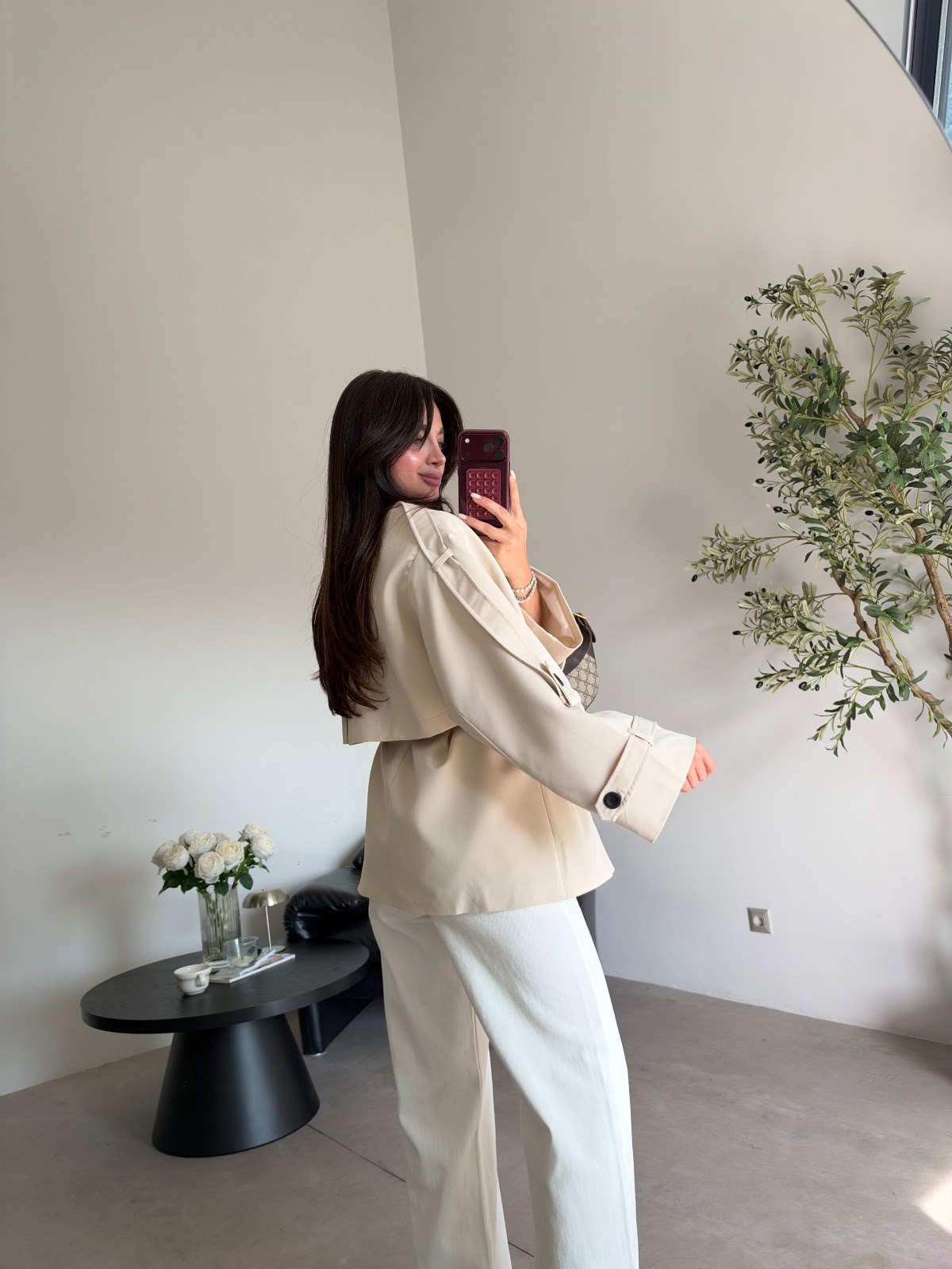 Taş Rengi Oversize Kısa Trenç