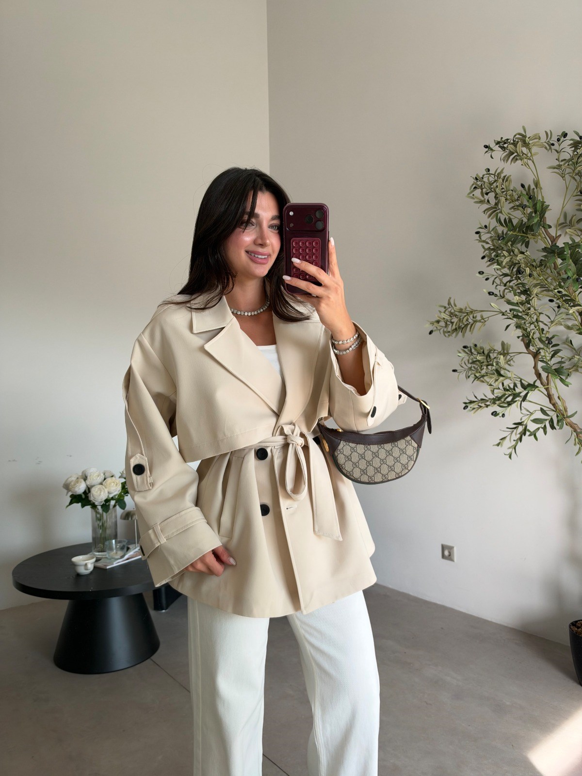 Taş Rengi Oversize Kısa Trenç