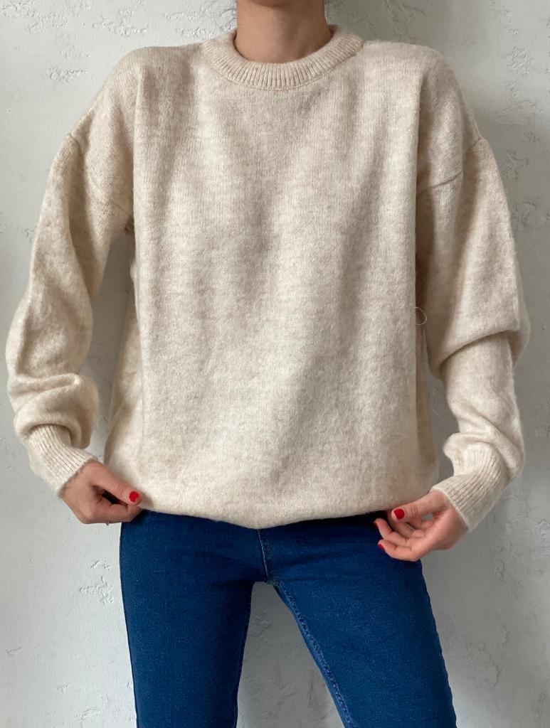 Taş Rengi Oversize Yumoş Kazak