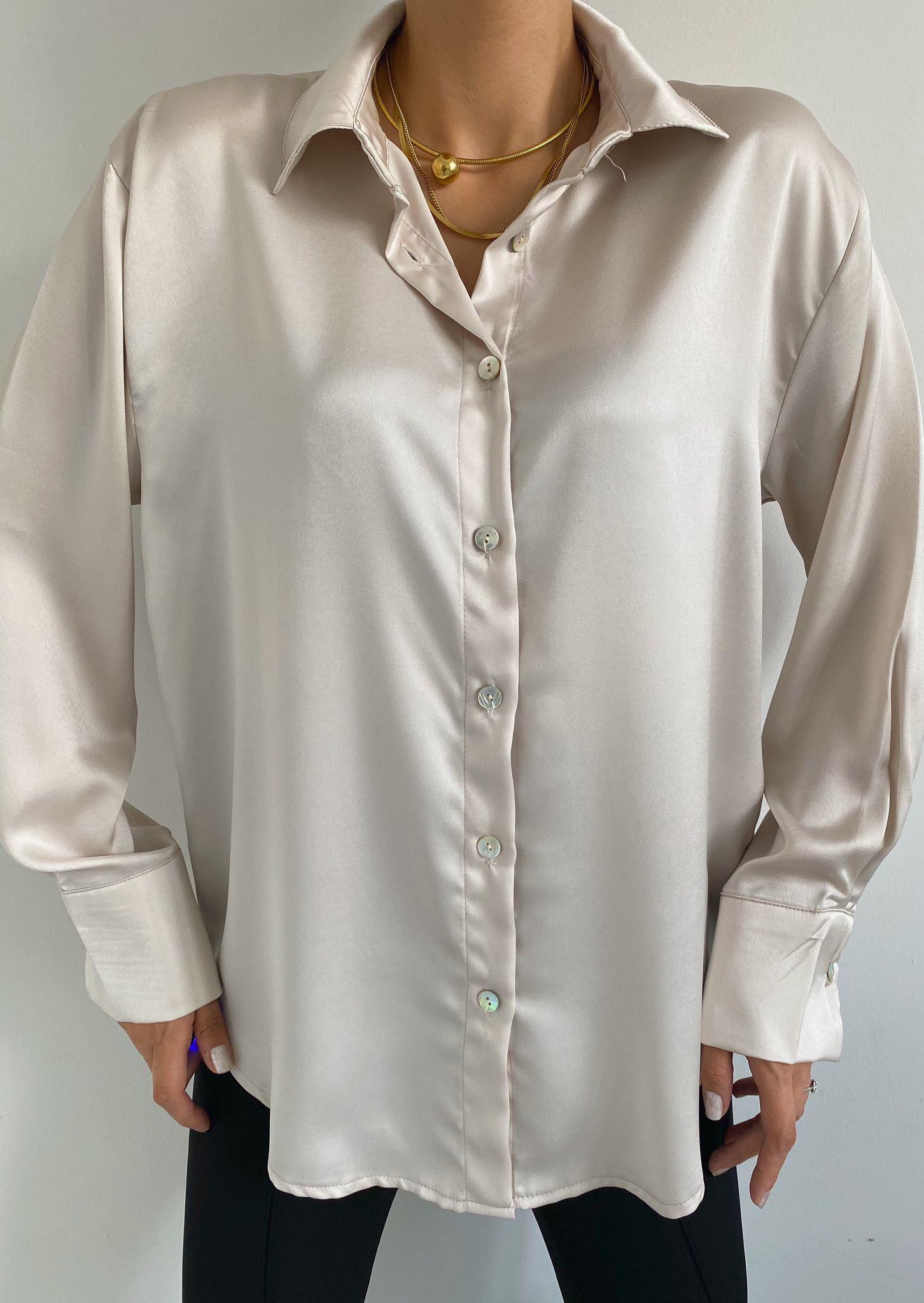 Taş Rengi Sedef Düğmeli Saten Gömlek