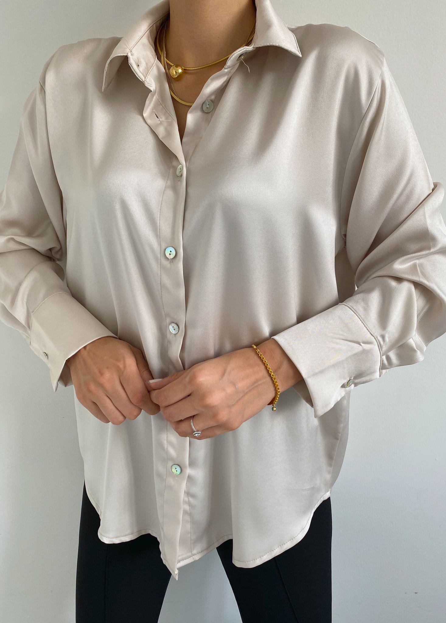 Taş Rengi Sedef Düğmeli Saten Gömlek