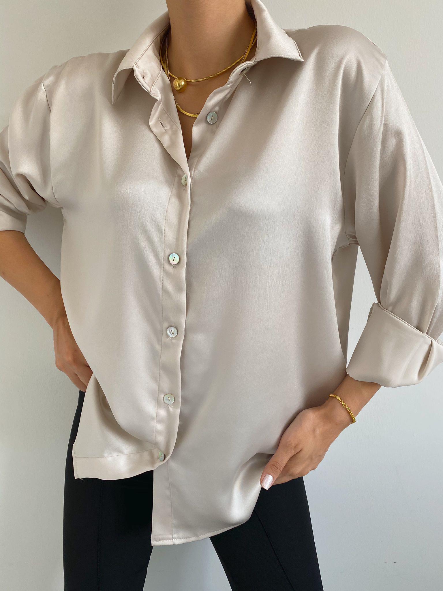 Taş Rengi Sedef Düğmeli Saten Gömlek