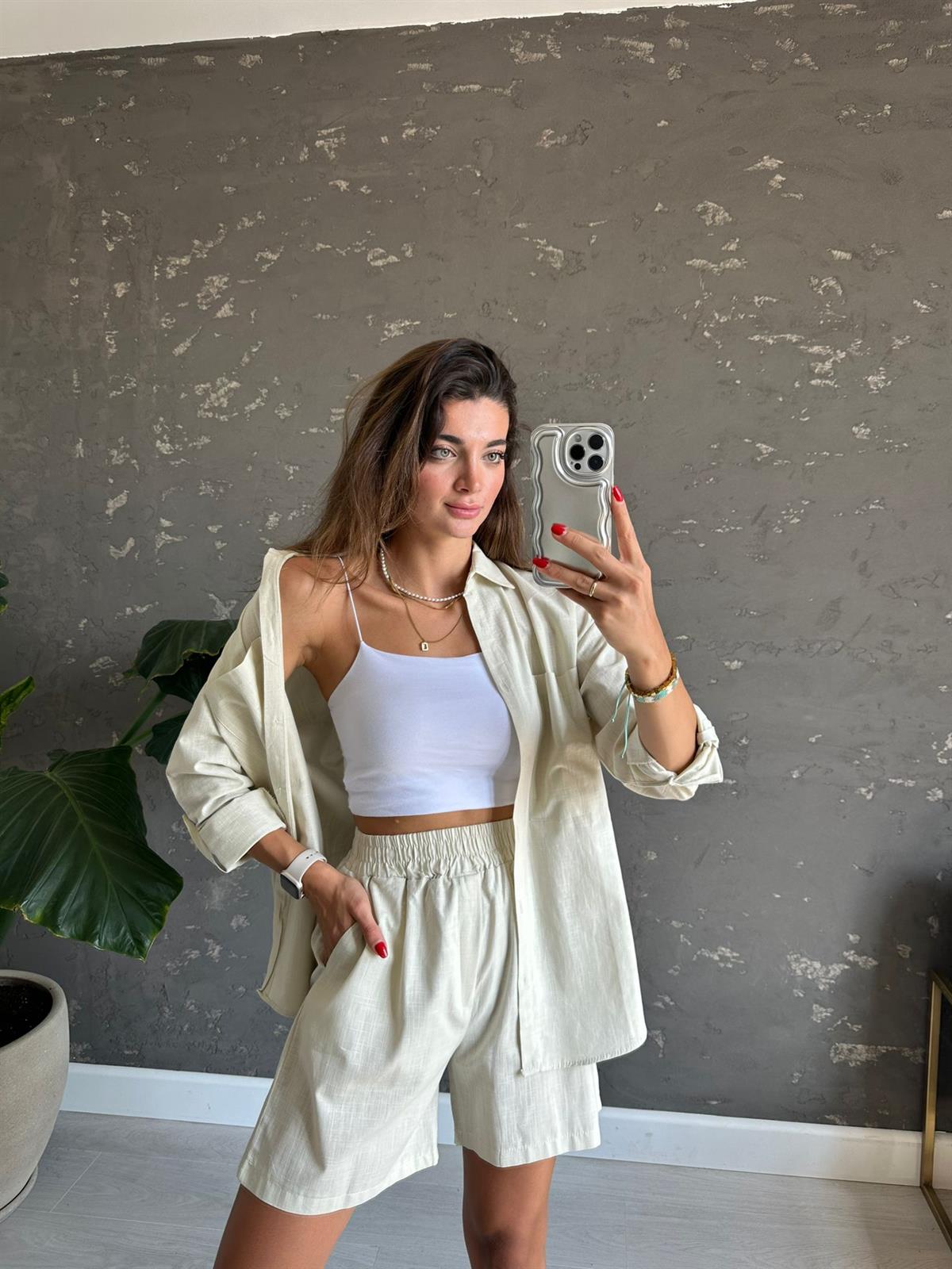 Taş Rengi Şortlu Gömlek Takım