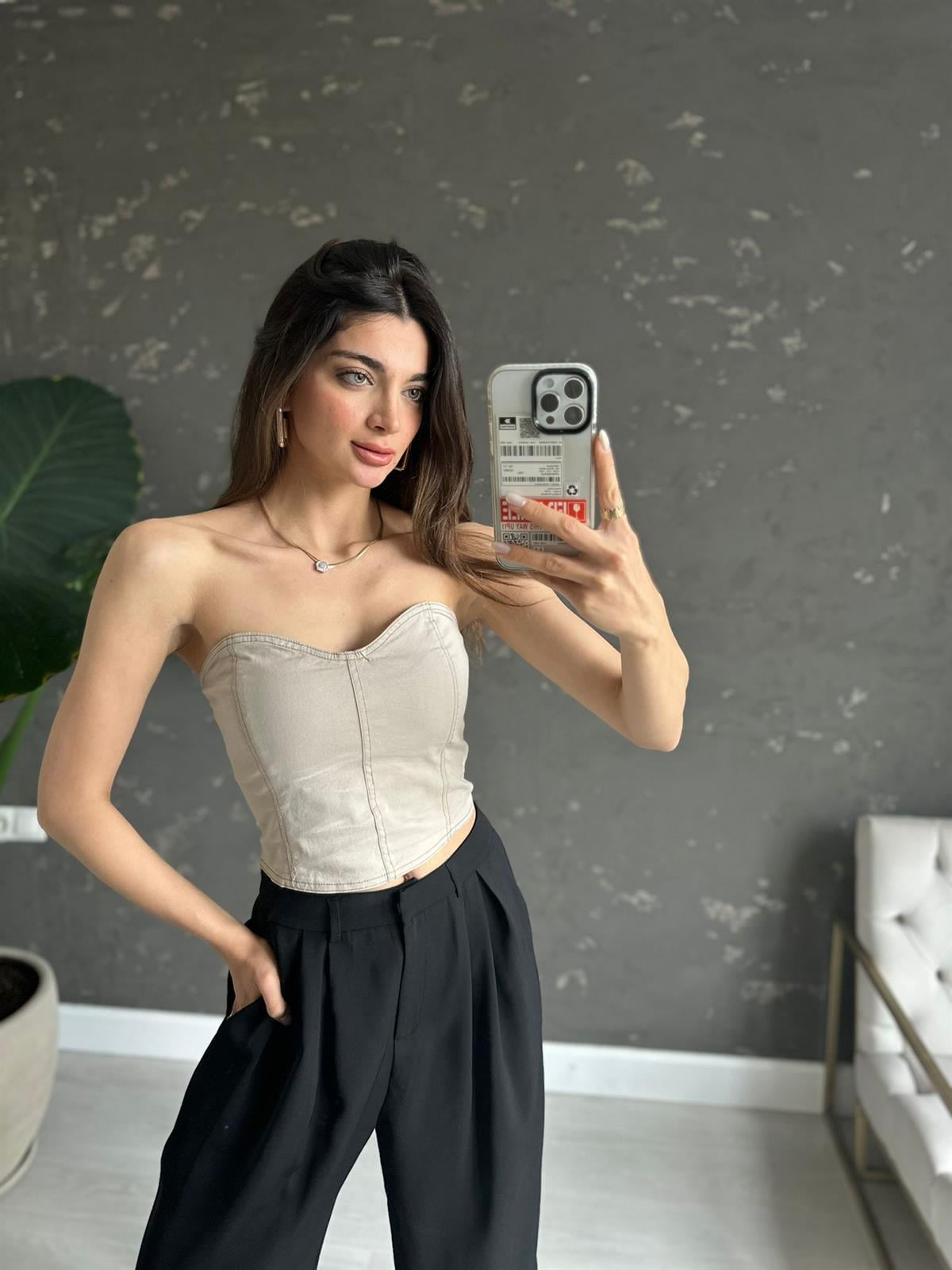 Taş Rengi Straplez Bluz