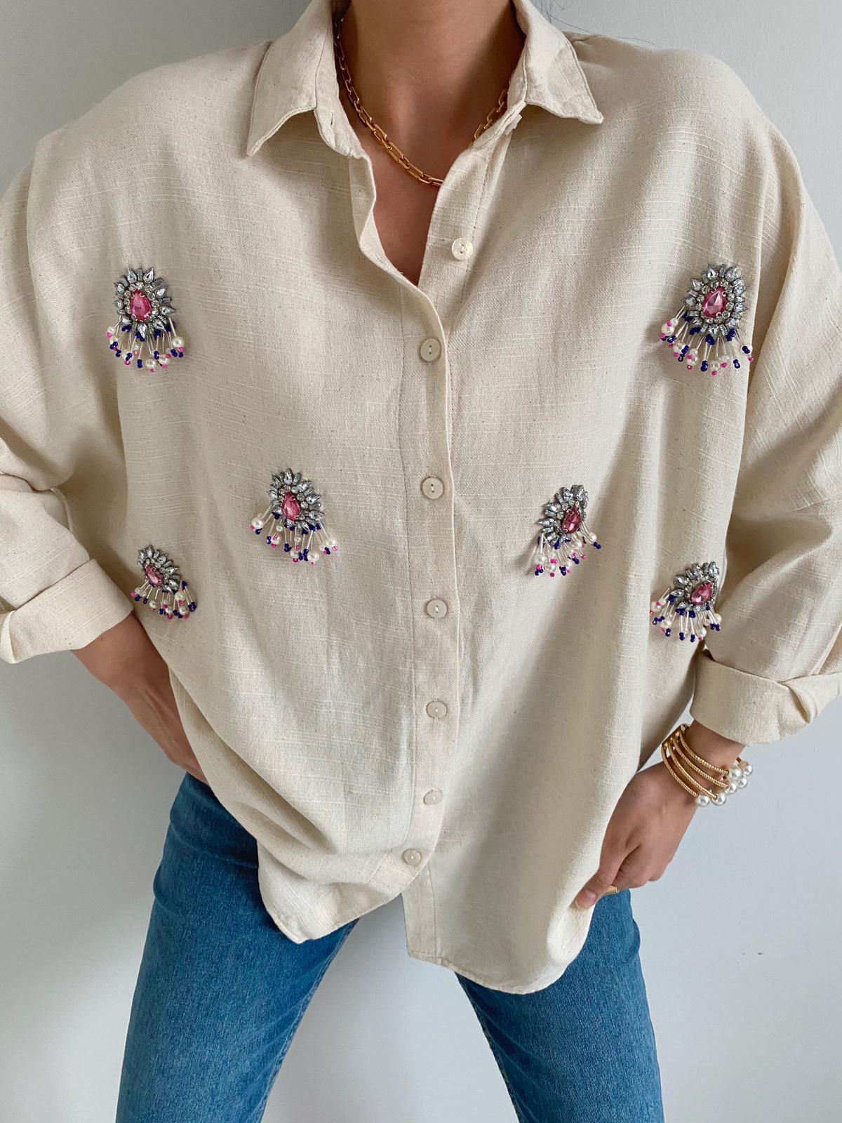 Taş Rengi Taşlı Oversize gömlek