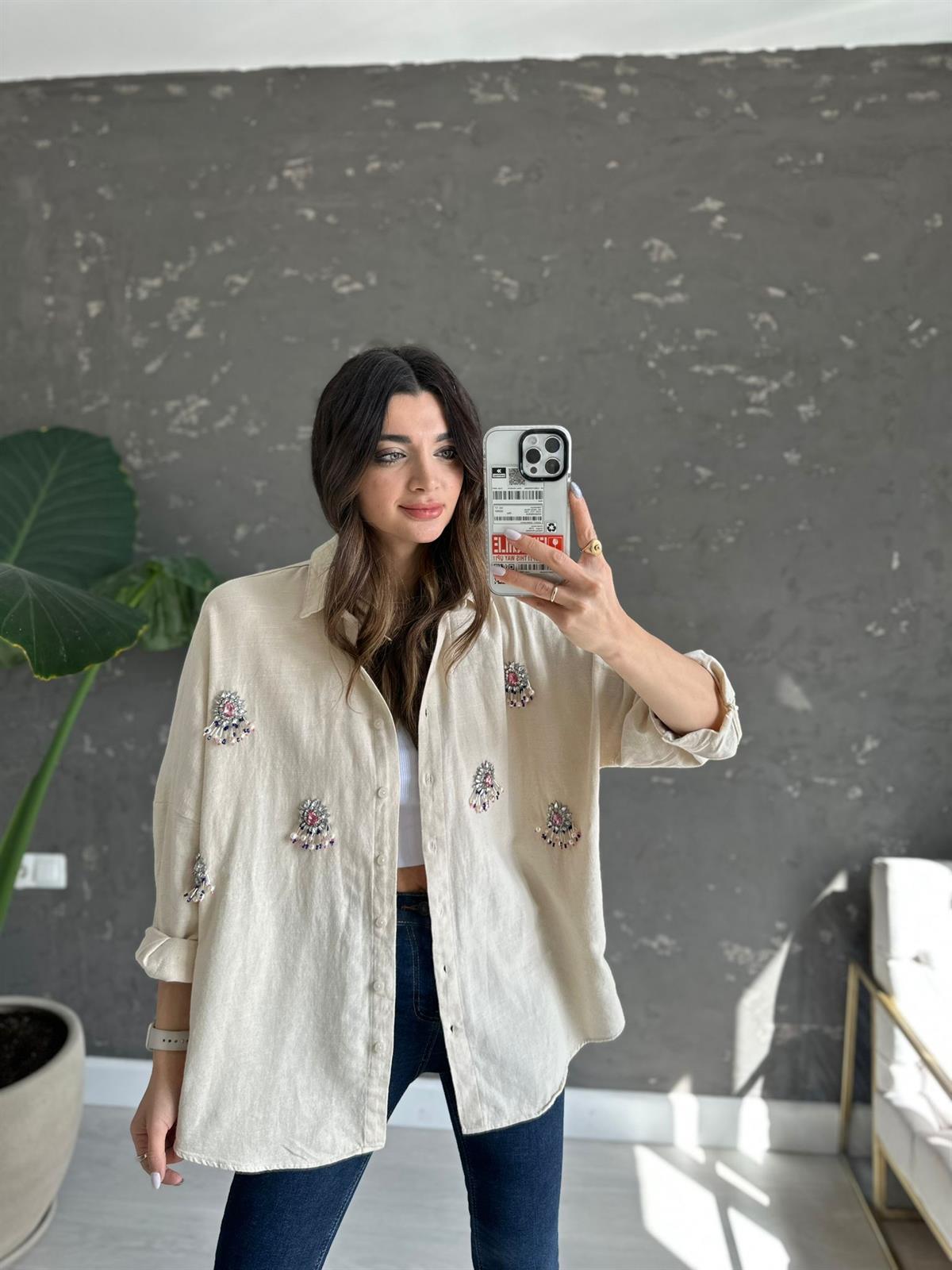 Taş Rengi Taşlı Oversize gömlek