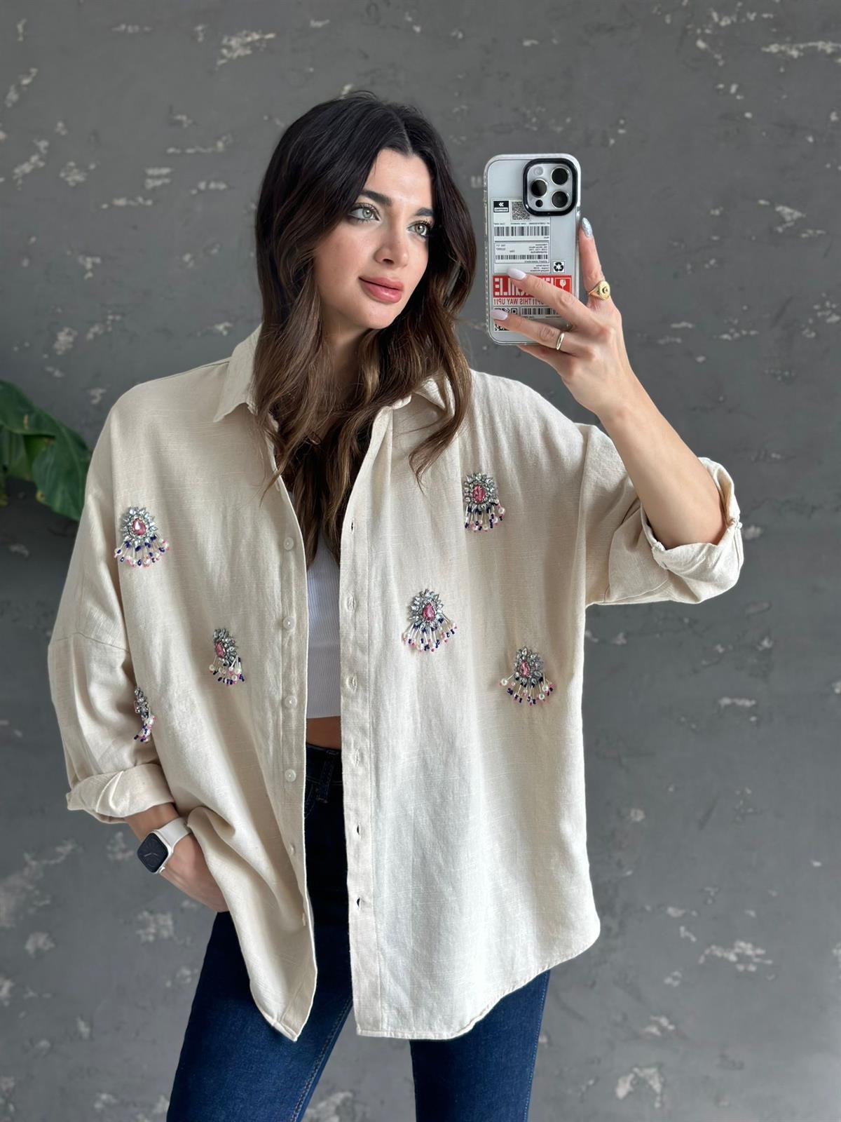 Taş Rengi Taşlı Oversize gömlek