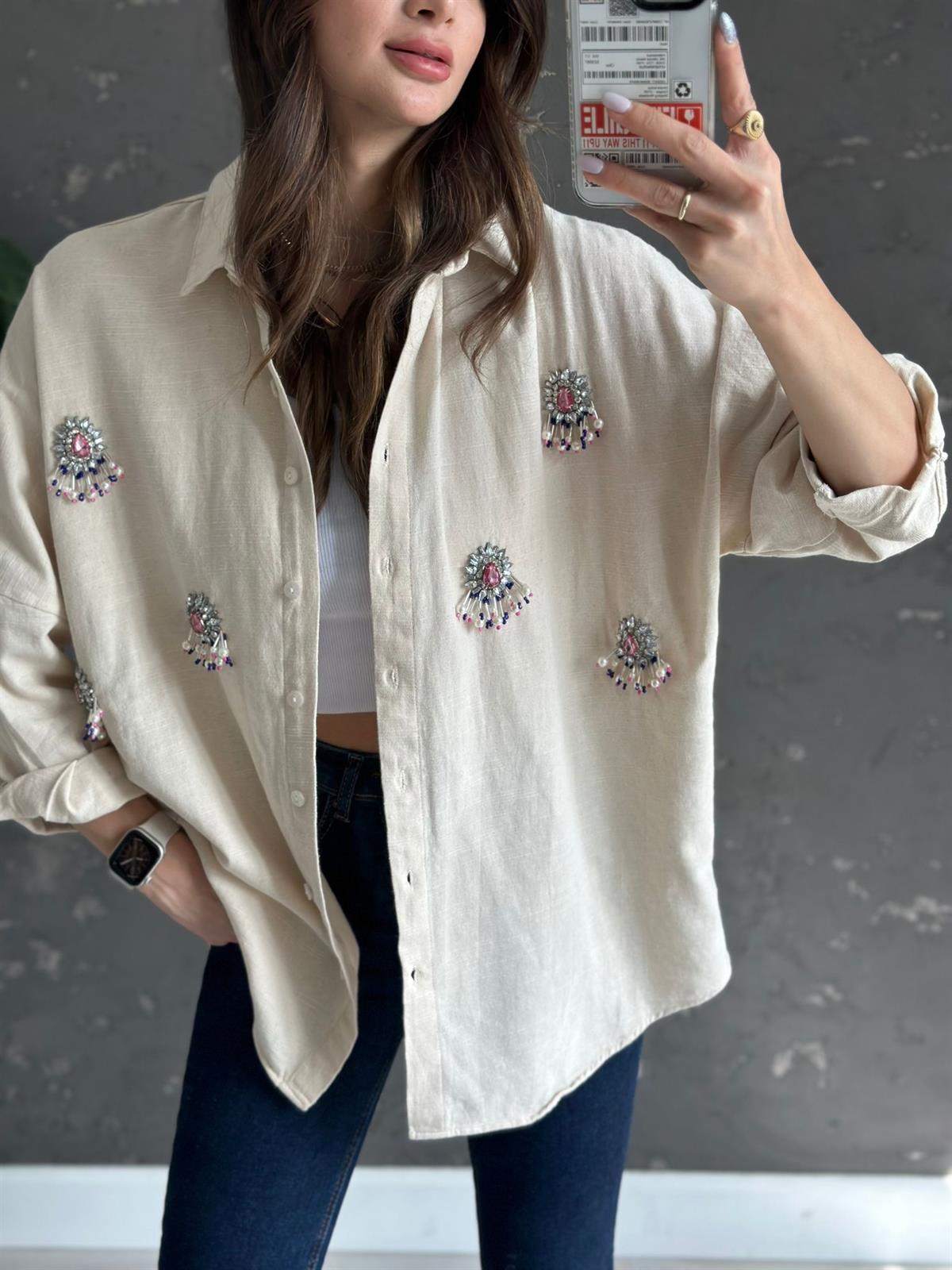 Taş Rengi Taşlı Oversize gömlek