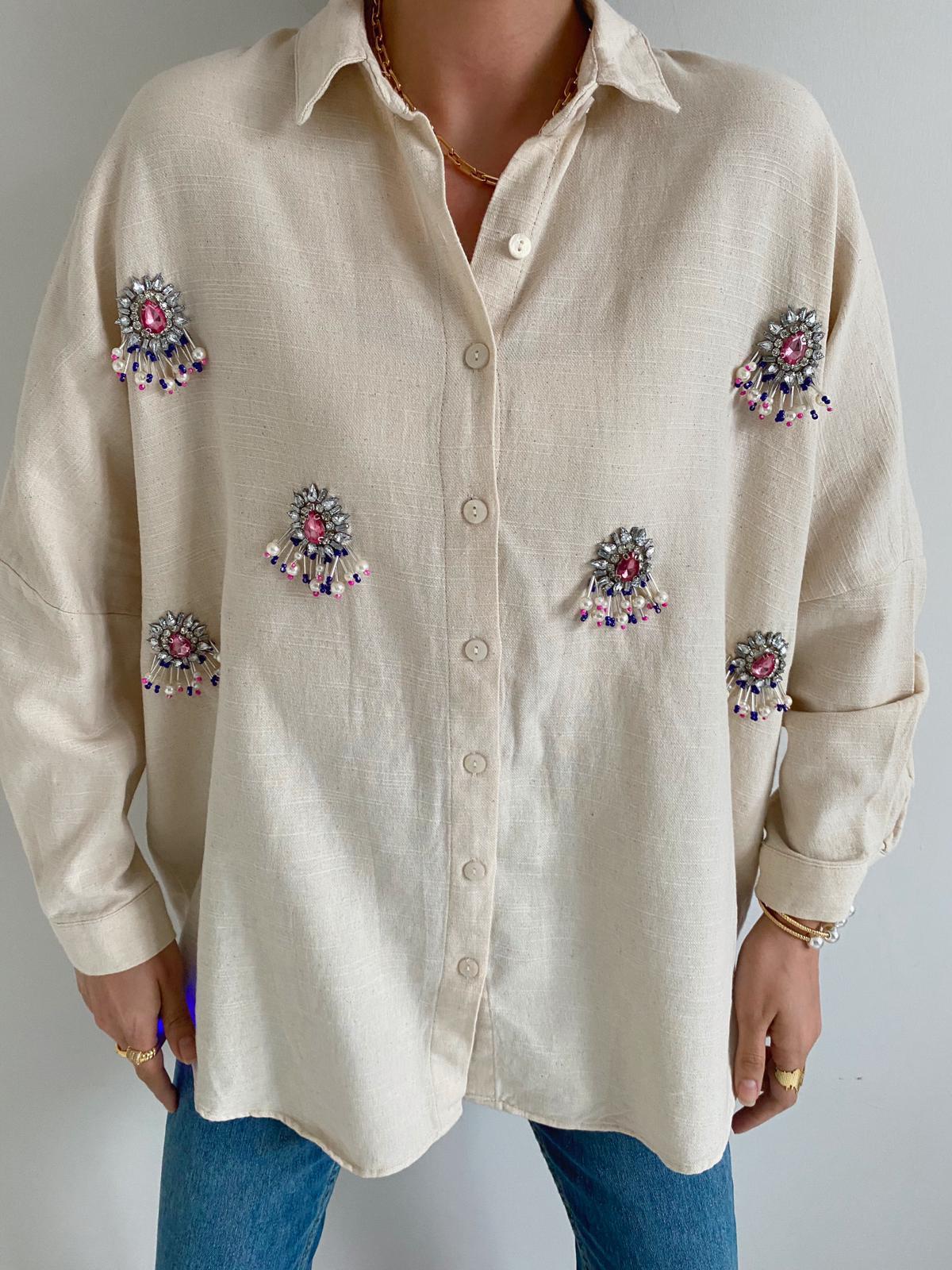 Taş Rengi Taşlı Oversize gömlek