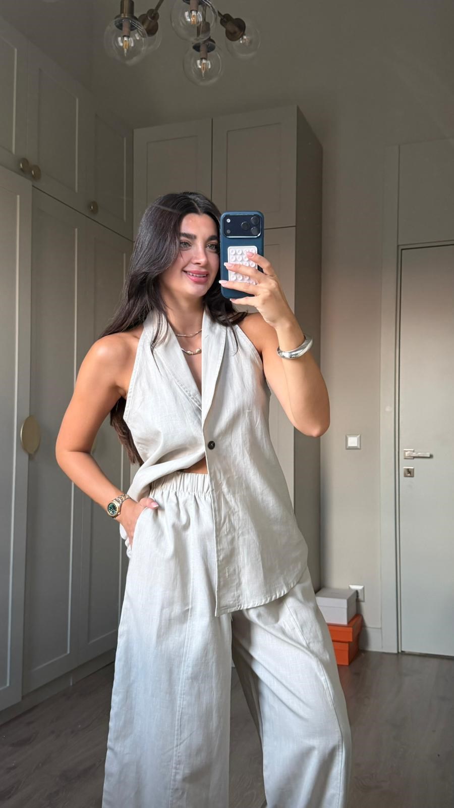 Taş Rengi Yelek Pantolon Takım