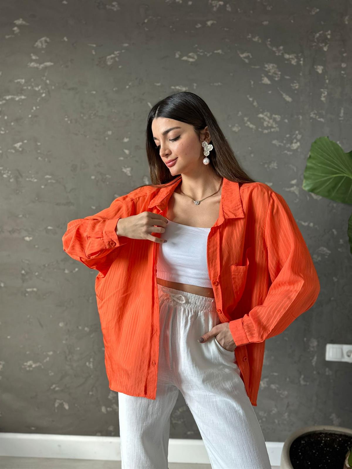 Turuncu Çizgili Oversize Mila Gömlek