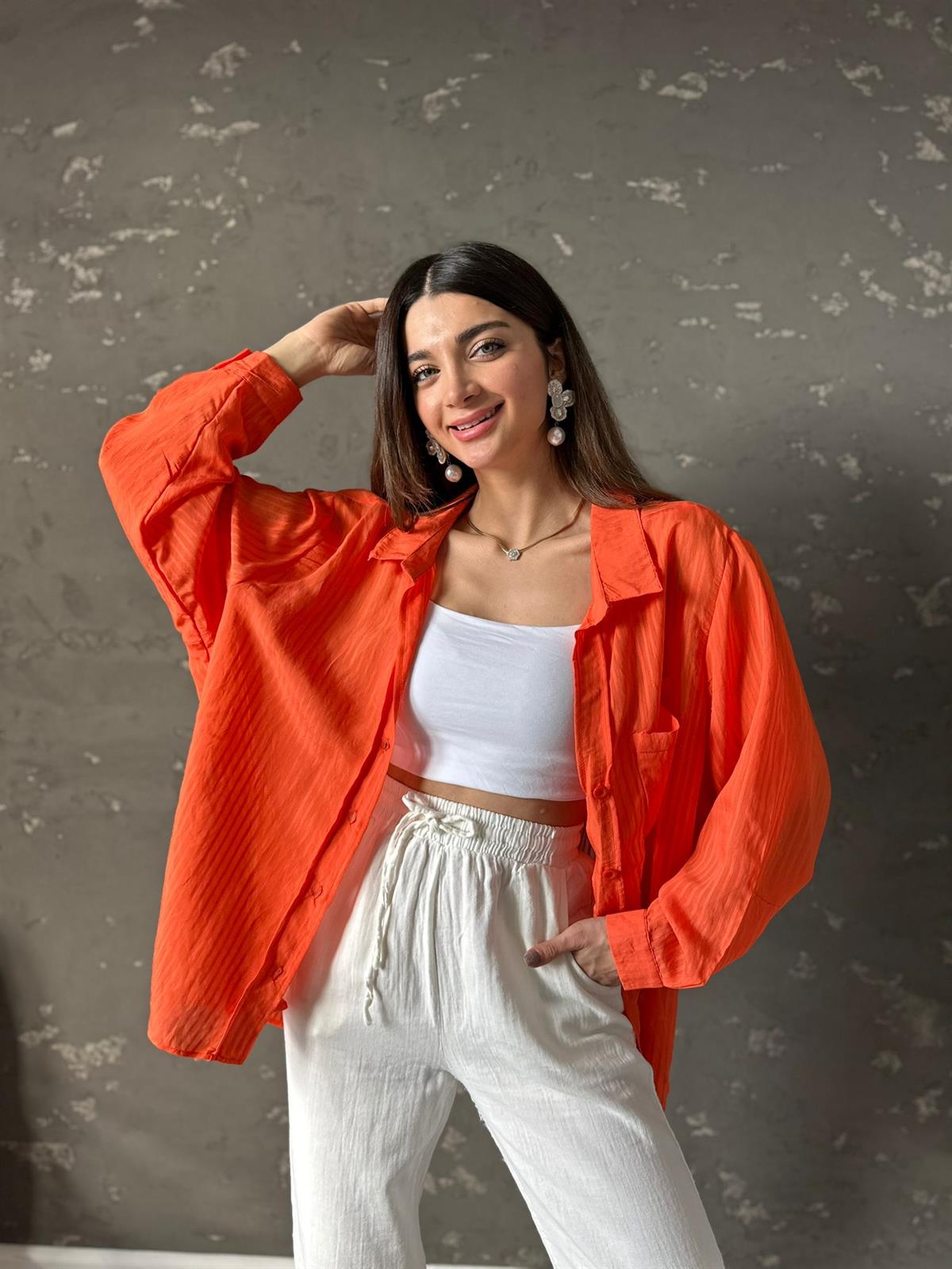Turuncu Çizgili Oversize Mila Gömlek