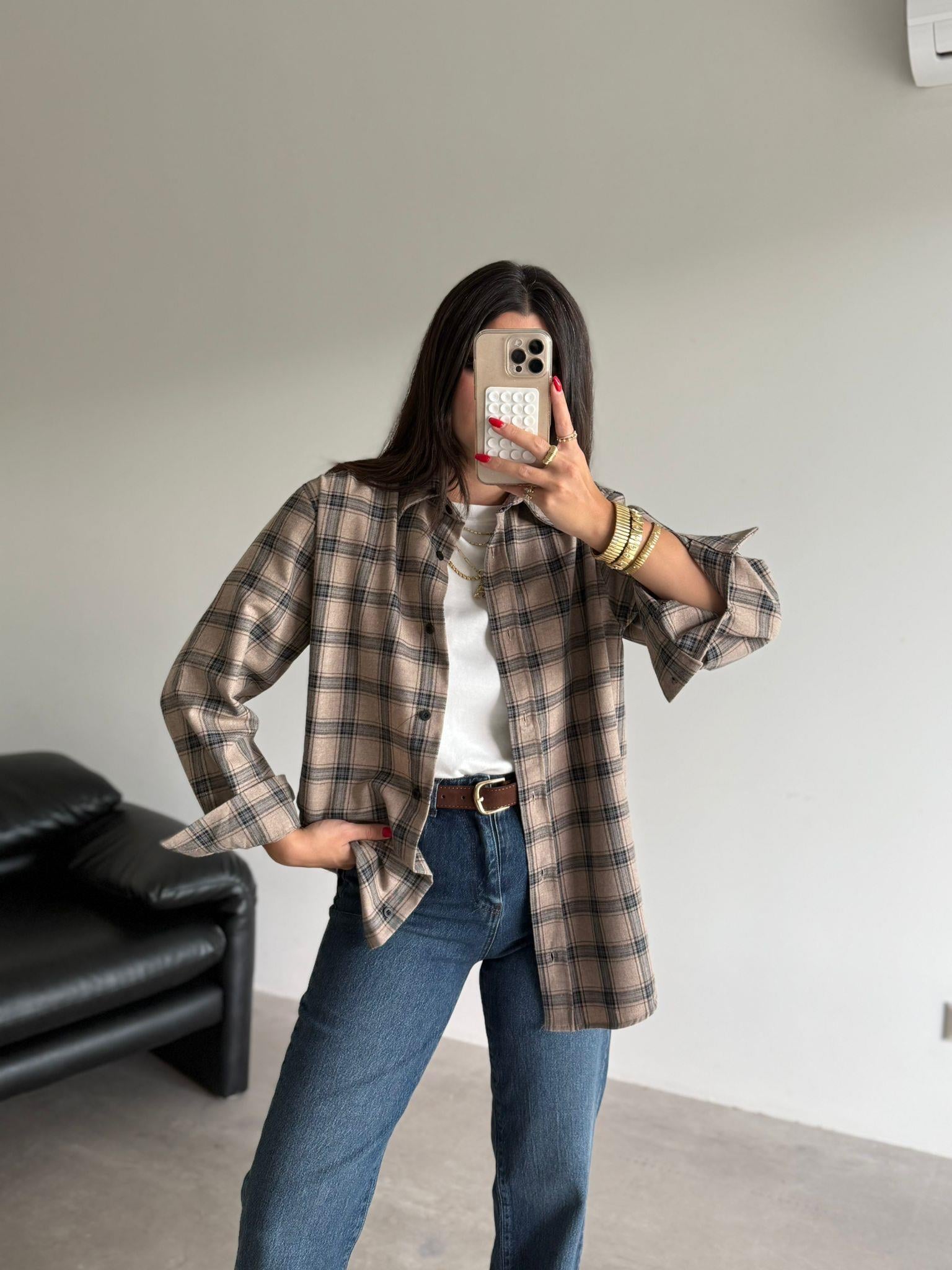 Vizon Ekoseli Oversize Gömlek